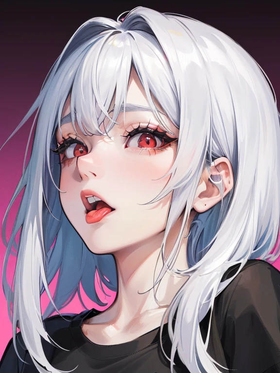 (((1人の女性)))、(Top resolution、Distinct_image) best qualtiy、(((Pop)))、1990's、((colorful backdrop))、((illuminating))、Highly detailed、Semi-realistic、white hair、((hairstyle I made、ahegao face and tounge out、bangss、20year old、年轻、((black tshirts))、delicate facial features facial features、View from below、((Detailed Red eyes)), 1 girl, 1 portrait