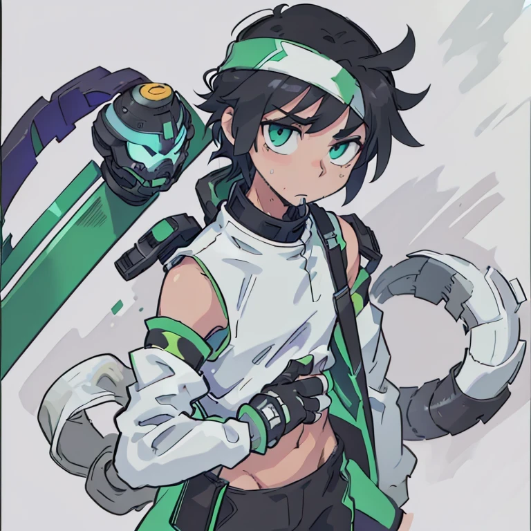 a mechanical humanoid in a green and white outfit, with the exception of its head and shoulders being bluish-purple in color with black markings. His eyes are green and he has four fingers on each white-gloved hand, which are provided with specific green and white and black arm-length sleeves. it has nozzles or openings, from which it can eject gas. He has two on each forearm, one on each shoulder, three on the black and white border between his shoulders and neck, three on his head, one on his back, and one in the center of his back. He has a green headband with white stripes, black accents, and a window on his belly so the gas he uses can be seen. he also wears a kind of gas mask in front of his mouth