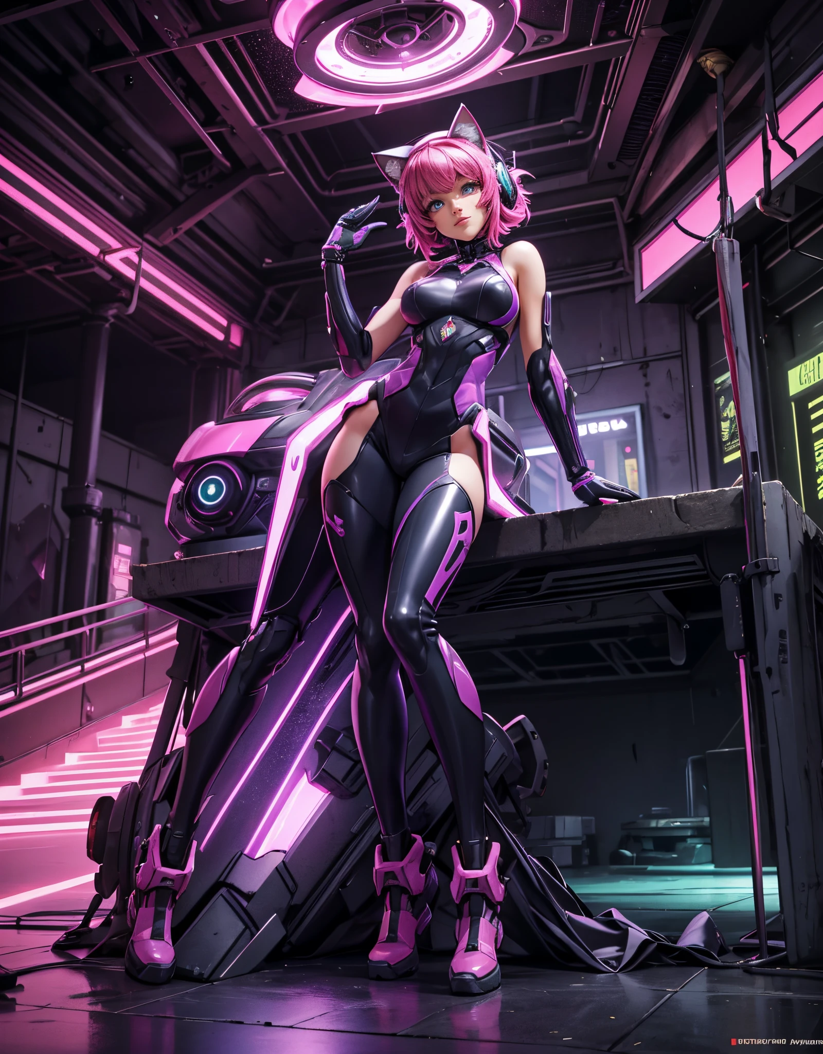 Highest quality, Ultra-high resolution, One Woman, Sexy Neon Cyber Suit, Short Bob Perm, 背景がcyber punkの街, Outdoor, cyber punk,Mechanical arm parts, Mechanical leg parts, Sexy pose, Perfect Eyes, Brown Hair, Anatomically correct hands, Anatomically correct legs, Anatomically correct feet, Cleavage, Slender, Small breasts