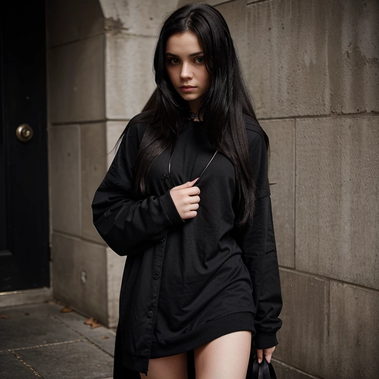 Cute emo goth Dark long hair brunette Black sexy cloths teen