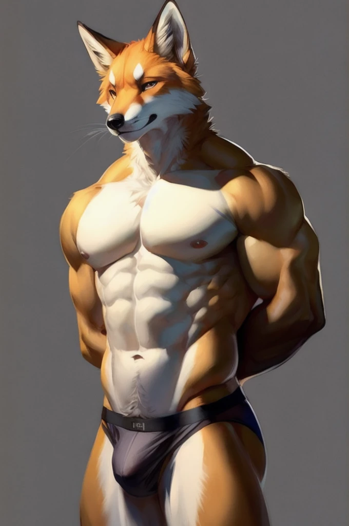 Solo, Furry, Anthro, Fox, Male, E621, Standing, Muscular, Hands behind back, Wearing underwear, Plain background, Front view, Light skin tone, By ruan jia