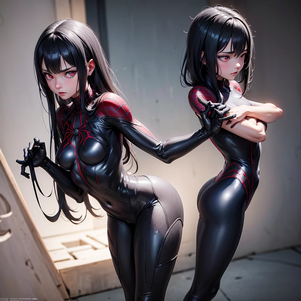 girl, beautiful, symbiote, scared, black slime, octane render, bioluminescent,8K resolution concept art, realism,by Mappa studios,masterpiece,best quality,official art,illustration,ligne claire,(cool_color),perfect composition,absurdres, tall body, sexy pose, medium breast, white hair, glowing red eyes, spider man symbiote suit,close shot, girl focus, full body