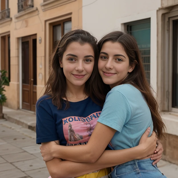 two women hugging in front of a building, ((NSFW)), dos chicas, Dos modelos en el marco, Mujer sosteniendo a otra mujer, Chicas universitarias, Alena Aenami y Lilia Alvarado, con una camisa de franela, Chicas lindas, hugging each other, Dos hermosas mujeres enamoradas, pose casual, Hermanas, absolutamente, Mejores amigos, con una camisa a cuadros, young women, amistad