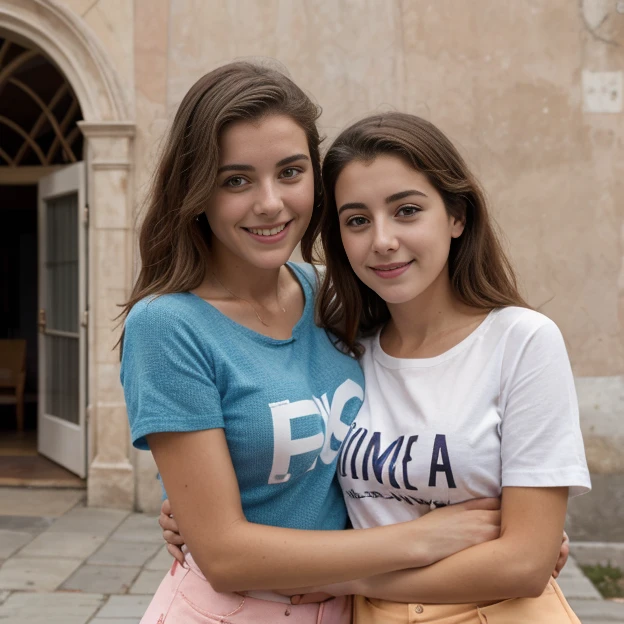 two women hugging in front of a building, ((NSFW)), dos chicas, Dos modelos en el marco, Mujer sosteniendo a otra mujer, Chicas universitarias, Alena Aenami y Lilia Alvarado, con una camisa de franela, Chicas lindas, hugging each other, Dos hermosas mujeres enamoradas, pose casual, Hermanas, absolutamente, Mejores amigos, con una camisa a cuadros, young women, amistad