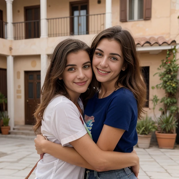 two women hugging in front of a building, ((NSFW)), dos chicas, Dos modelos en el marco, Mujer sosteniendo a otra mujer, Chicas universitarias, Alena Aenami y Lilia Alvarado, con una camisa de franela, Chicas lindas, hugging each other, Dos hermosas mujeres enamoradas, pose casual, Hermanas, absolutamente, Mejores amigos, con una camisa a cuadros, young women, amistad