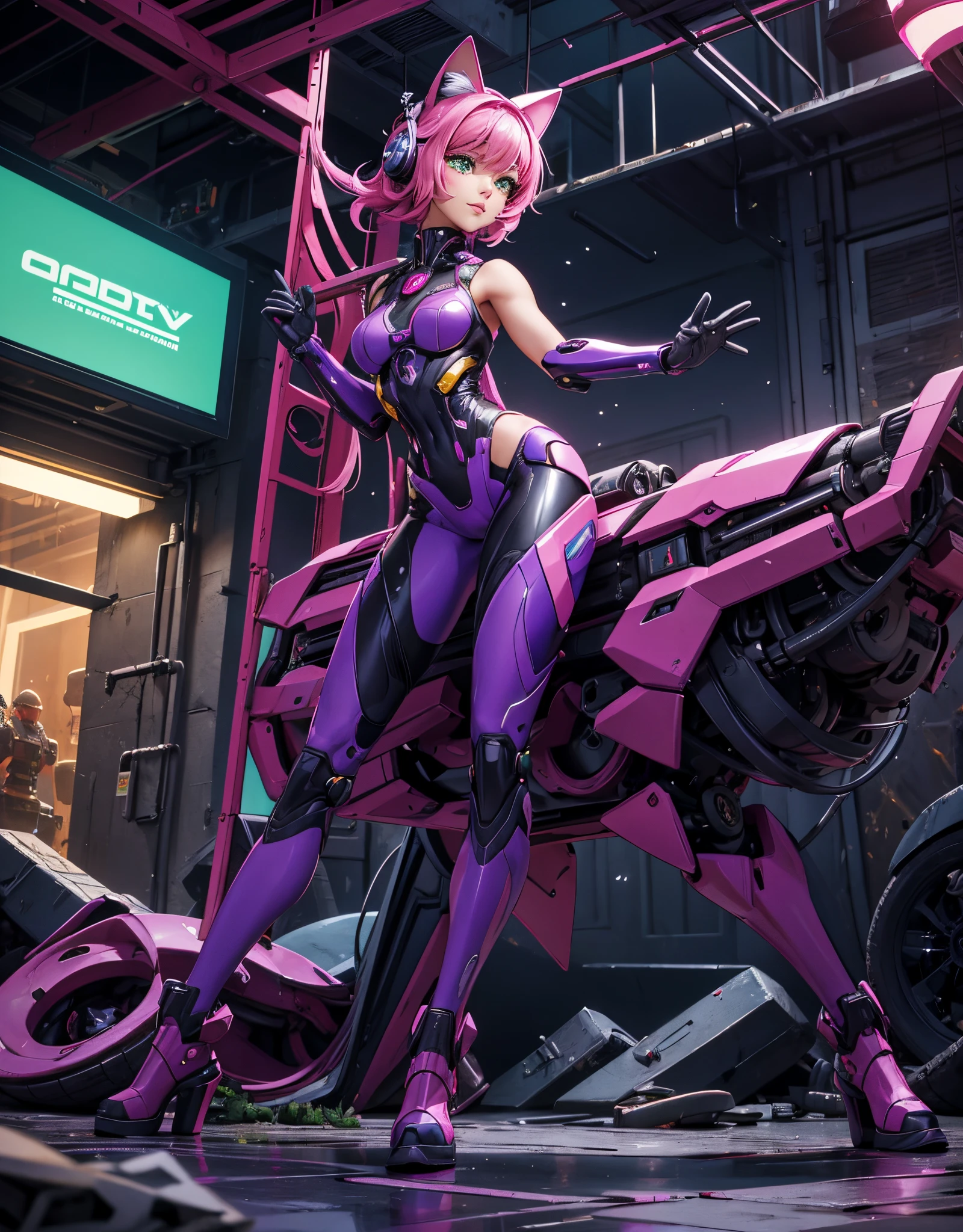 (((Full_body))) Studio art photo raw  ((32k UHD high detail, 16k HDR cinematic art)) “A dystopian masterpiece in 4K, capturing the mecha_musume purple_glitter style with vivid details in green and yellow, immersed in cyberpunk chaos. | In a dystopian underground setting, a stunning 30-year-old woman emerges dressed in a mecha_musume purple_glitter costume, standing out with her vibrant details, accompanied by imposing cyber boots. His pious eyes fixate intensely on the viewer, while a graceful smile adorns his face, accentuated by a headset with cat ears. The short pink hair, with voluminous fringe on the right eye and two maria-chiquinhas, creates a fascinating contrast with the deteriorated environment of the underground oasis. Between clear water, mud, plumbing and ruined concrete structures, the vision  an intriguing and horrifying experience of cybernetic horror."  | {The camera  positioned very close to her, revealing her entire body as she adopts a dynamic_pose, interacting with and leaning on a structure in the scene in an exciting way.} | ((perfect_pose):1), She  adopting a ((dynamic_pose as interacts, boldly leaning on a structure, leaning back in a dynamic way):1.3), ((full body)), ((hands_with_5_fingers):0.6), ((perfect_hands):0.6), ((perfect_fingers):0.6), ((perfect_legs):0.6), better_hands, More Detail".