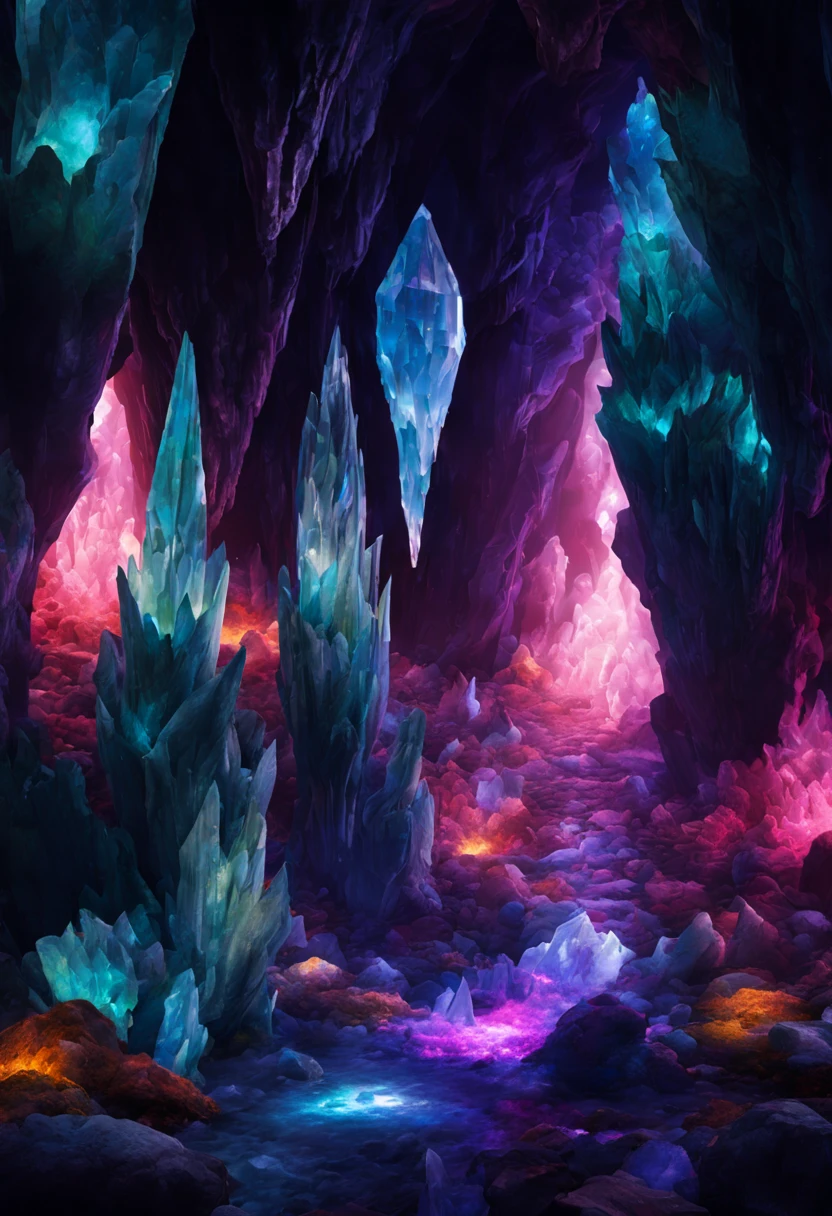 "In the heart of an otherworldly realm lies a bizarre crystal cave, a place where reality and fantasy intertwine. The cave is a mesmerizing spectacle, with crystal formations that defy the laws of nature. The crystals come in a riot of colors, glowing with an otherworldly radiance. Some crystals pulsate with energy, casting ethereal hues across the cavern walls.

Envision a diverse array of crystal shapes, from towering spires to delicate formations that seem to defy gravity. The floor is a bed of iridescent crystals, and as you walk, they emit a soft, harmonious hum. Luminescent moss clings to some crystals, adding an enchanting glow to the surroundings.

The air is thick with a mystical energy, and occasional gusts of wind carry with them the faint whispers of ancient secrets. The cave is not only a visual spectacle but also a place of strange phenomena. Imagine pockets of anti-gravity where crystals float freely, and rare crystals that, when touched, evoke vivid visions.

Capture the essence of this bizarre crystal cave in intricate detail, emphasizing the interplay of light and color. The final piece should be a 4D masterpiece, bringing to life the surreal experience of exploring this fantastical subterranean world. Consider using vibrant, contrasting colors to highlight the mystical nature of the crystals and create a sense of wonder."
