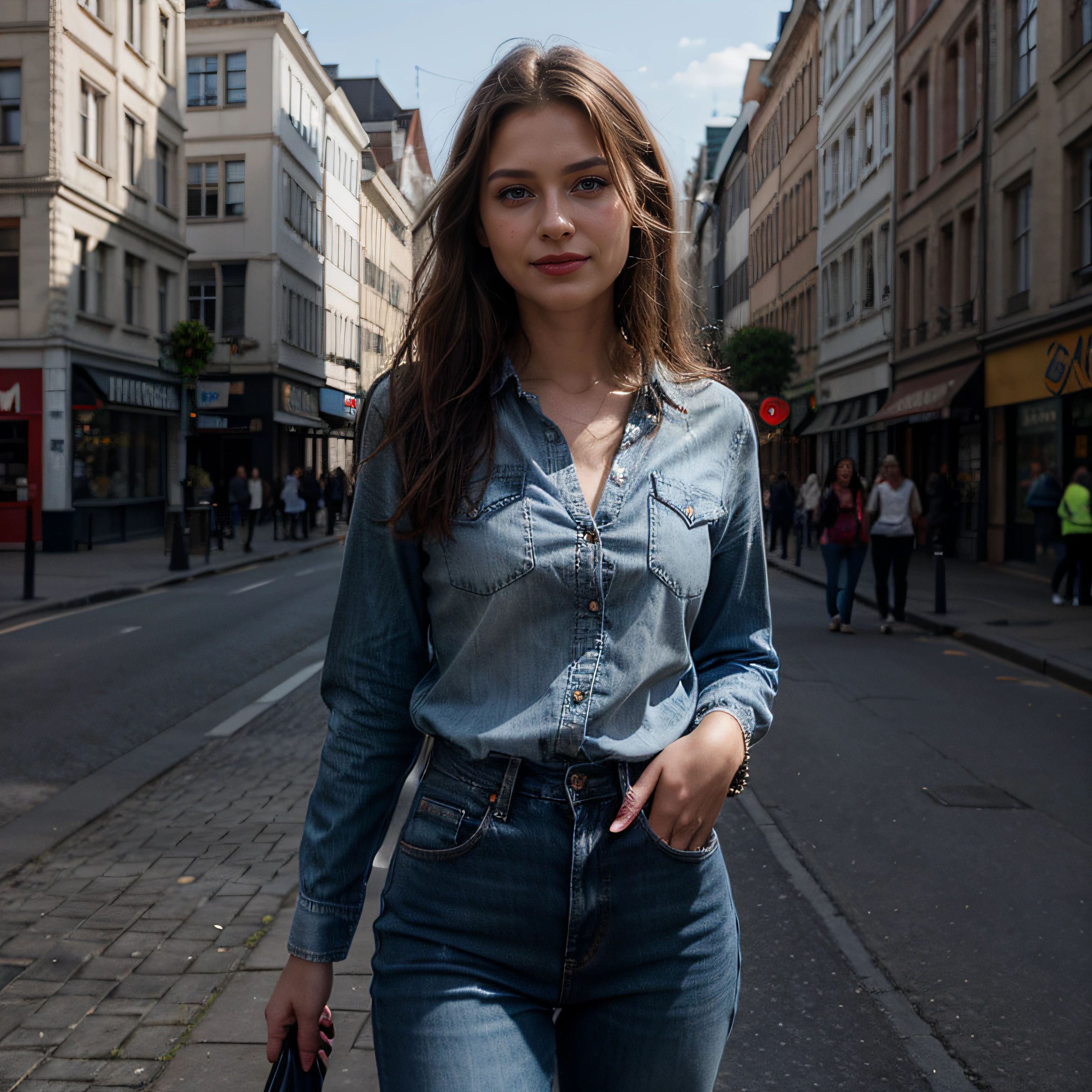 Hochwertiges Rendering einer niedlichen 24 years old.Tina Douthit, mittellanges braunes haar, Detaillierte symmetrische haselnussbraune Augen, Selbstbewusst aussehen, entspannt, Sorrisos, with a hint of superiority, White blouse, blaue jeans, in der stadt, Atemberaubendes realistisches Foto, 3D-Rendering, Aufwendig detailliert, filmisch, Zentriertes hyperrealistisches Titelbild