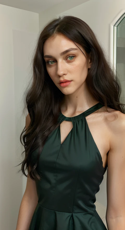 woman, beautiful face, sharp jaw, black long curly hair, green eyes, slim face, clear skin, dress