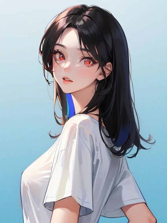 (((1人の女性)))、(Top resolution、Distinct_image) best qualtiy、(((Pop)))、1990's、((colorful backdrop))、((illuminating))、ighly detailed、Semi-realistic、Black hair、((hairstyle I made、A cool Face、bangss、20yr old、年轻、((White tshirts))、delicate facial features facial features、View from below、((Detailed Red eyes)), 1 girl, 1 portrait