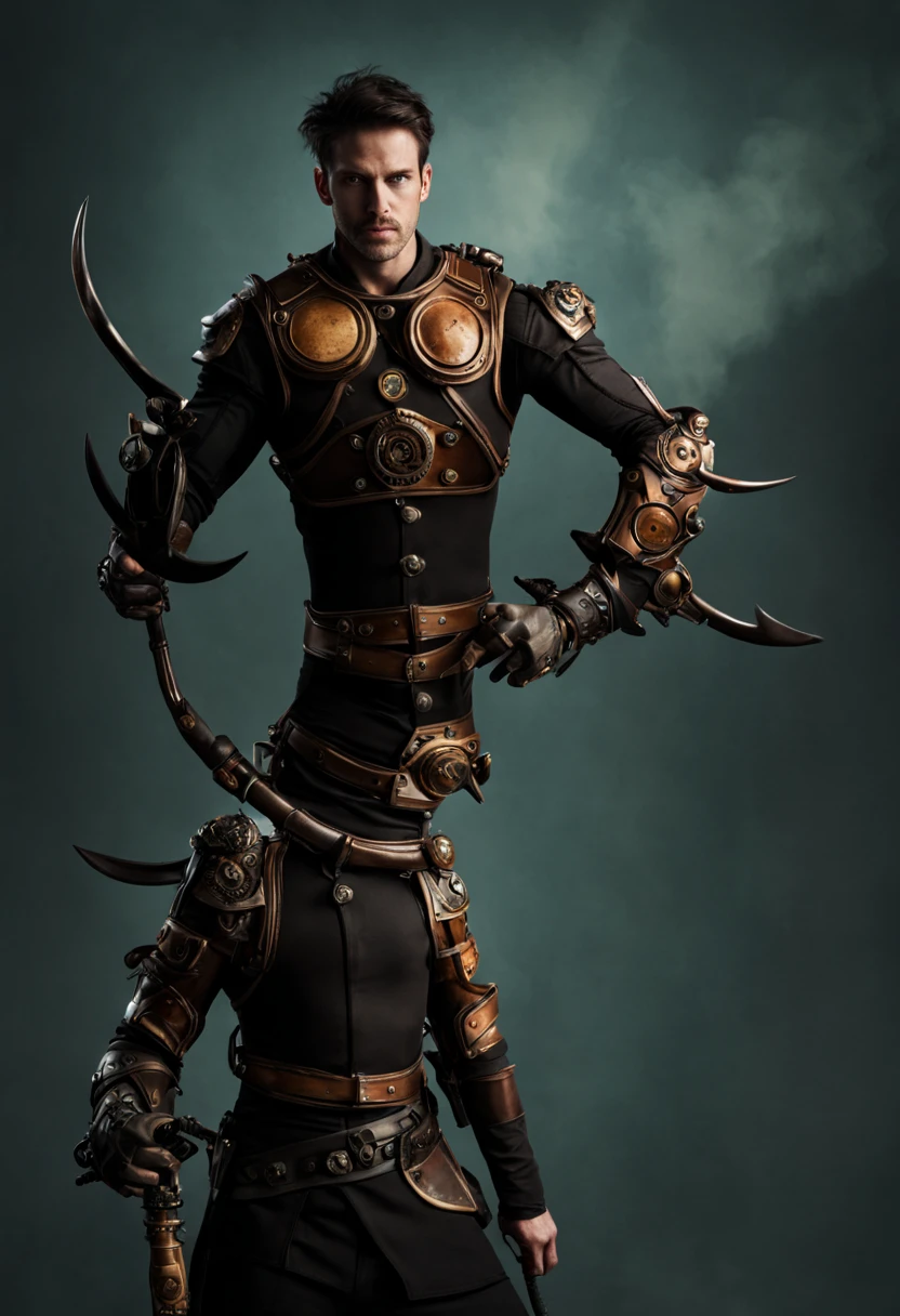 Steampunc,((Anthropomorphic bull)),musculoso,Steampunk mechanical gears integrated into clothing,intricate patterns on clothes,(Botas de couro resistentes),Buttons and buckles for steam power accessories、copper accent arm gloves、Gears and gears protruding from the arms、Smoke and steam emitted by lighting of an elancolic nature、dark and atmospheric background、textura de metal enferrujado、paleta de cores vintage、Resistant and robust energetic aesthetic posture、Art Nouveau Inspiration,dramatic shadow,tatuagem intrincada de qualidade,4k,8k,estruturas altas,tmasterpiece:1.2)。