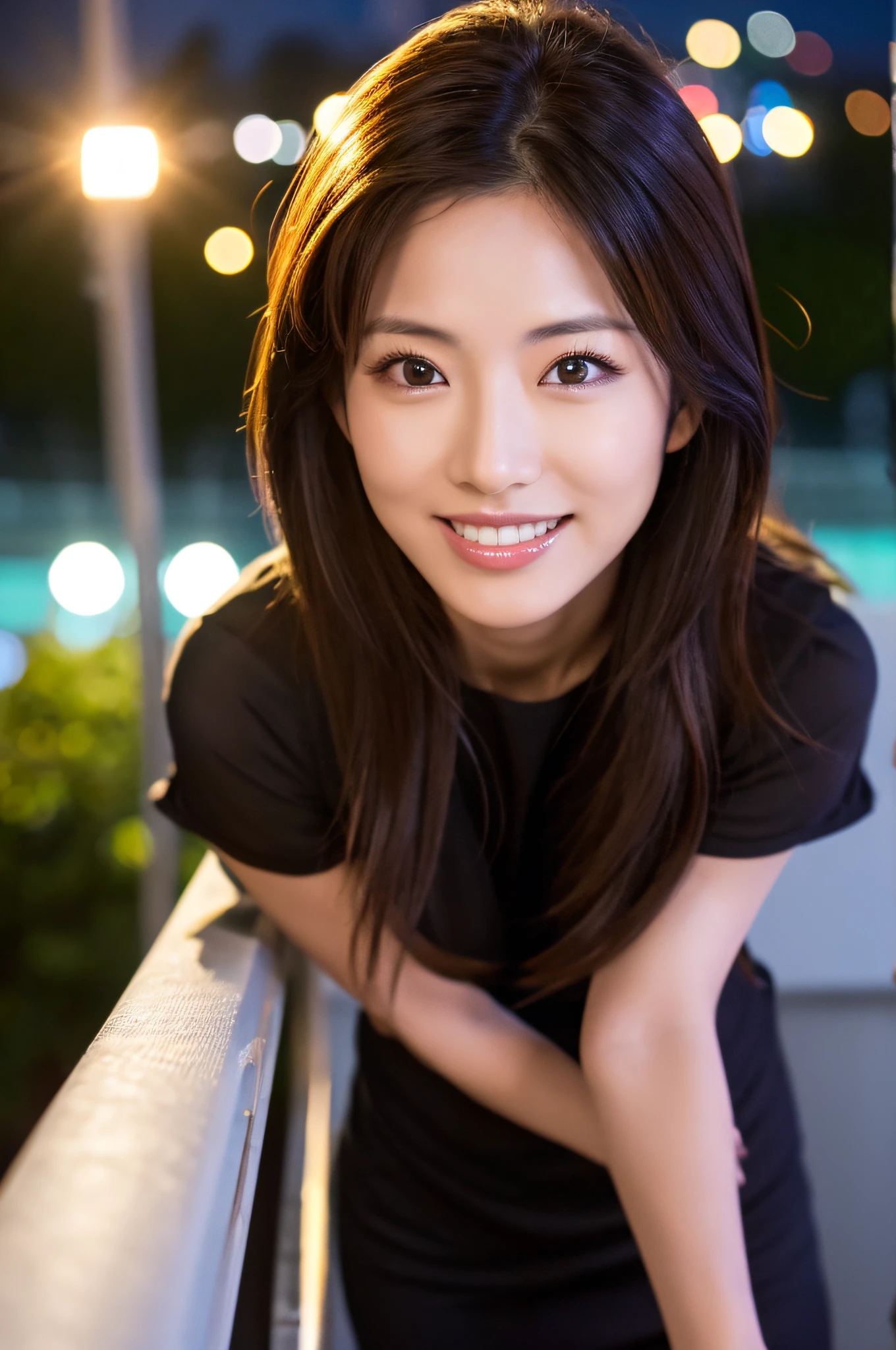 Highest resolution, 4K, Masterpiece: 1.3), A Japanese milf, photo of one lady, Sexy: 1.1, fine eyes, Slender figure, Realistic teeth, double eyelids, full body, best quality, detailed, beauty, a married woman, at the balcony, night