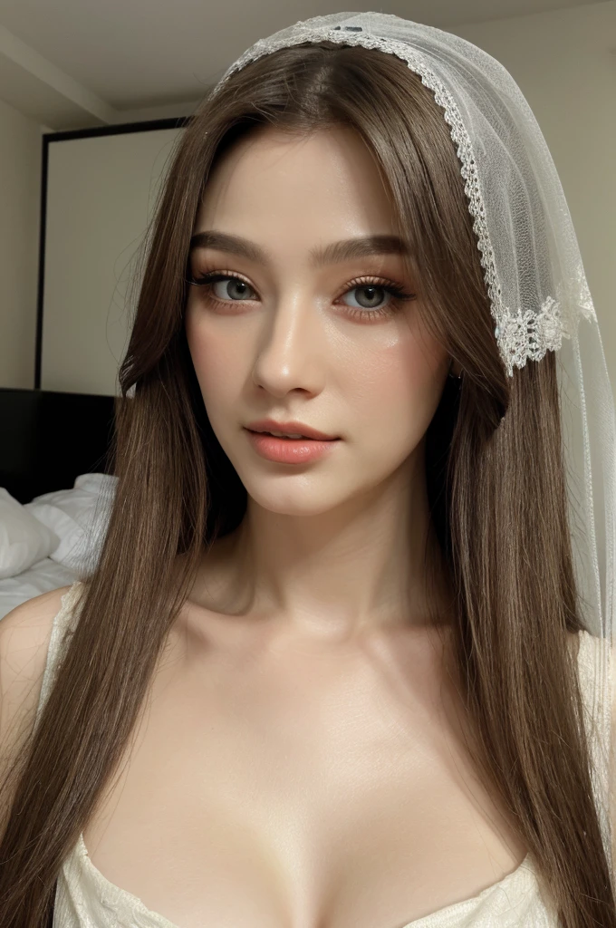 (Best quality, 8k, 32k, Masterpiece, UHD:1.2),Photo of Pretty Japanese woman, 1girl, (long blonde hair), (large breasts), double eyelid, white transparent veil, hospital, patient's room, upper body, sexy