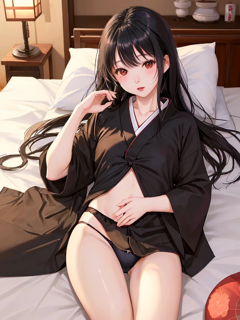 traditional Japanese room、Lying on a futon、(Long black hair、japanes、adult lady、25-years old)、(1girll)、(toppless、Smaller nipples、E-cup)、(Wearing panties)、(fully formed human)、(8K)、(Top image quality:1.2)、(reallistic)、(Photorealsitic:1.37)