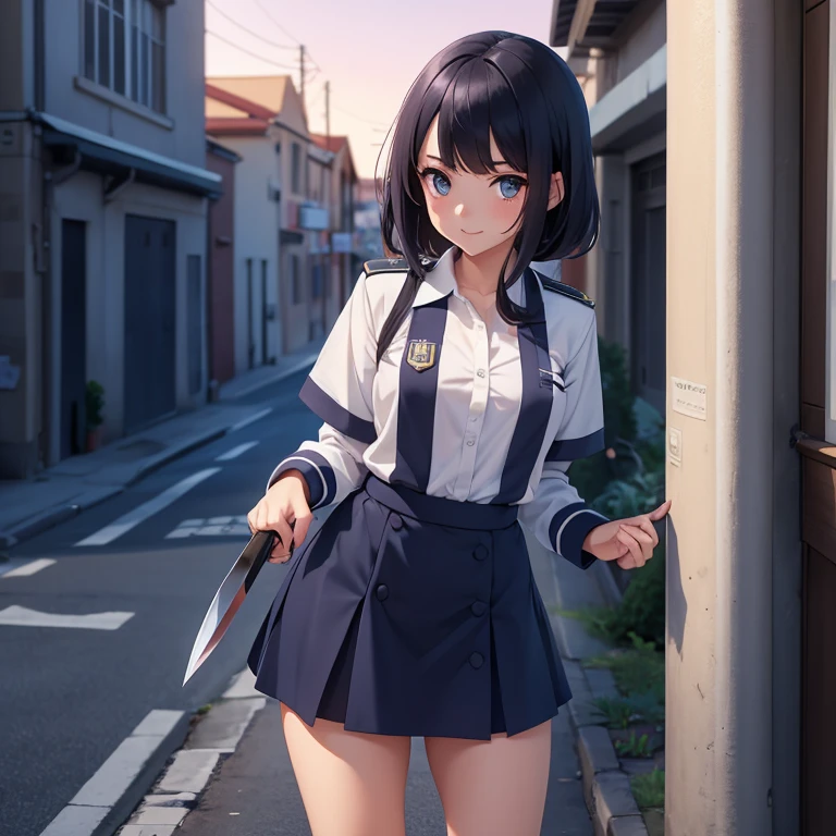 Imagen de una chica estilo anime con uniforme de colegio que esta bajo un poste de luz en la noche y sostiene un cuchillo