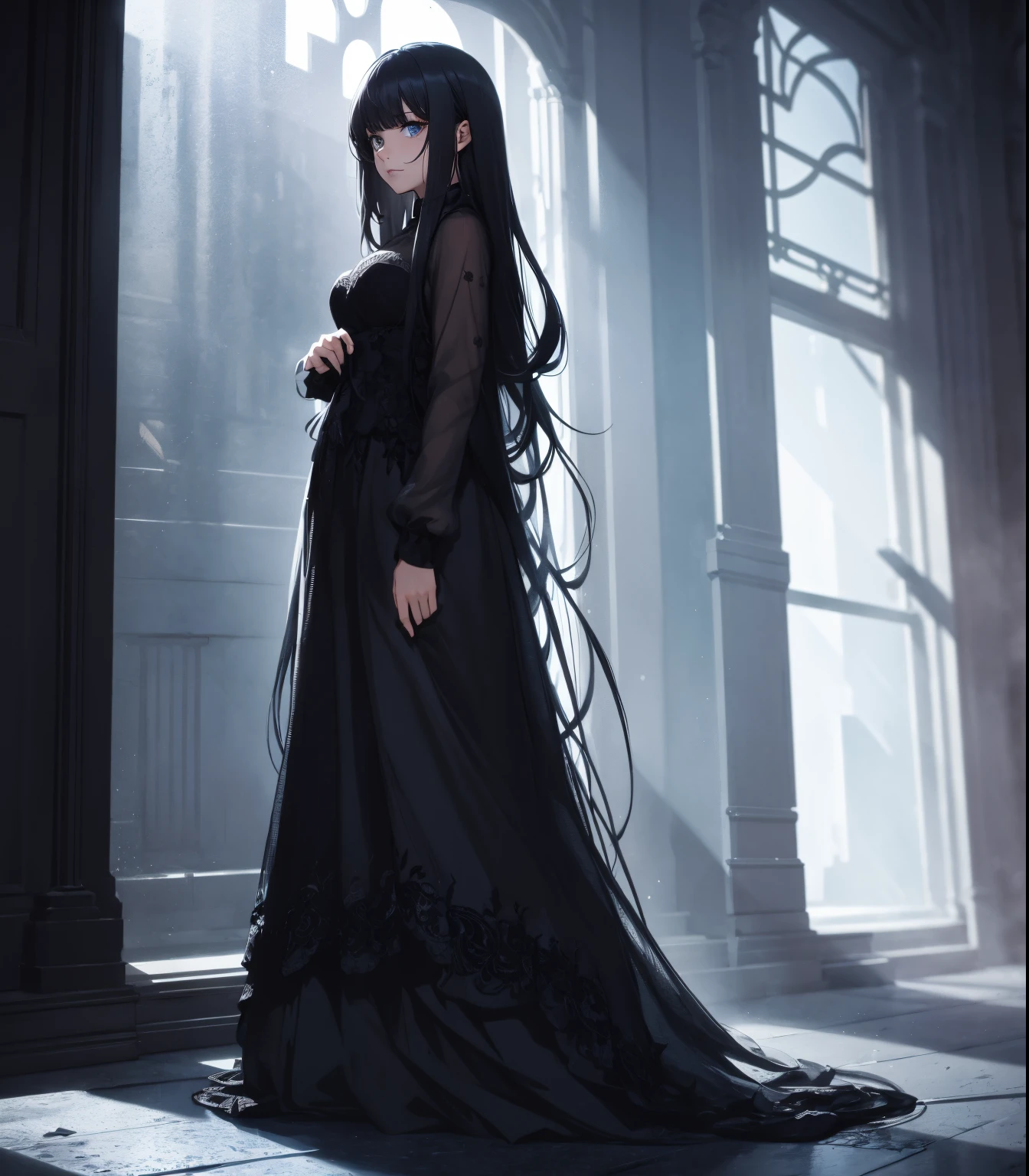 ((full body)), long hair，the night，A girl，lace black dress, deep shading，cold light，low tune，in the darkness nigth，RAW photogr，best qualtiy，tmasterpiece，Ultra-high resolution，Realistic1.5