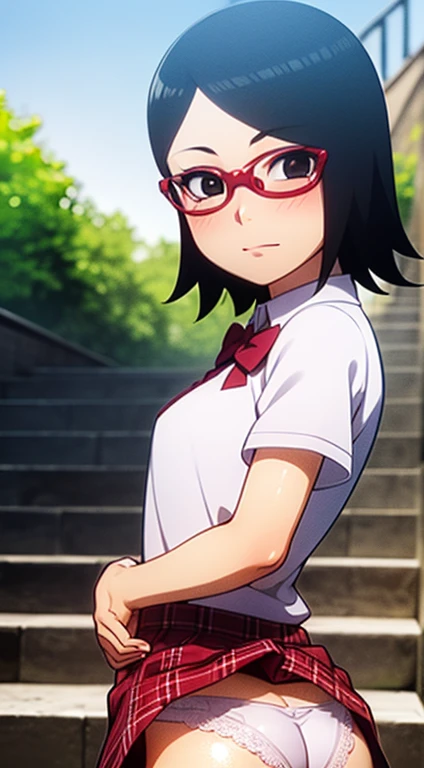 ((masutepiece, Best Quality, hight resolution, nffsw, Perfect Pixel, 4K, nffsw, nffsw))), 1girl in, Single, Solo, Beautie、full body seen、 (Short hair shoulder length, Black hair)), ((Black-eyed, Beautiful eyelashes, red glasses , Realistic eyes)), ((Detailed face, Blushing:1.2)), ((Smooth texture:0.75, Realistic texture:0.65, Photorealistic:1.1, Anime CG style)), medium breasts, Dynamic Angle, Perfect body, ((red bowtie, School uniform, , White shirt, Black skirt, plaid skirts)), City staircase、Looking up from the bottom of the stairs、Very embarrassing panic smile, turned around、bending forward、(The wind flipped my skirt and exposed my butt.................、Touching the buttocks with both hands、Pink lace panties)、