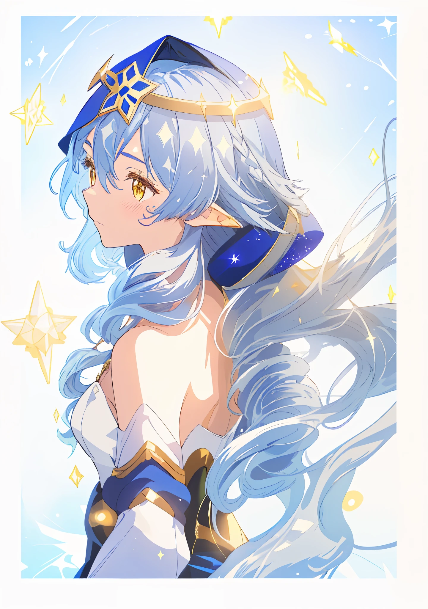 1 girl solo, long blue hair, yellow eyes, blue and white dress, blue hood, detached sleeves, white leggings,high details, high quality,back light,hair and clothelower,upper body ,high quality,hair with body ,webbed dress, upper body, light particles, wavy hair ,diffusion lighting, abstract, stars and sparkles, golden lines, detailed, white background