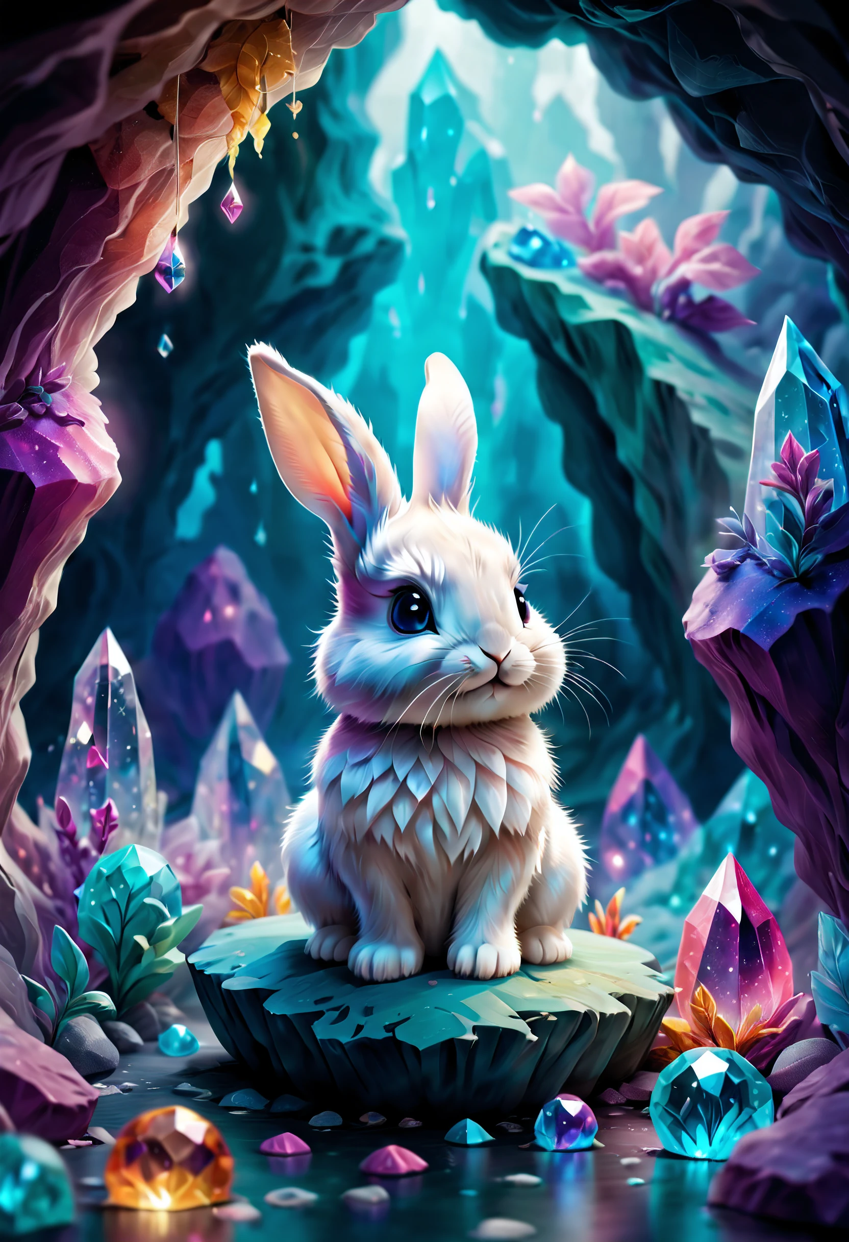 Tiny cute baby bunny in a colorful crystal cave, enchanted, floating orbs, ethereal mist, in the style of fairytale