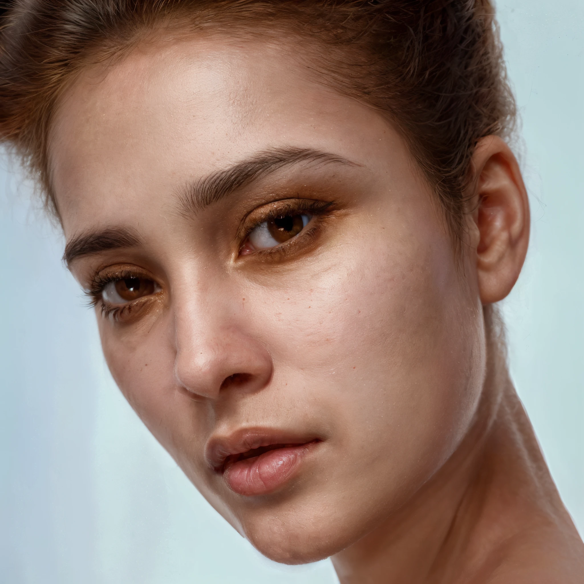 Realistically transform the ethnicity of the Caucasian woman in the given photo into an Indian woman from Brazil, capturing the authentic details of the new ethnicity. Be sure to emphasize distinctive features, como cor de pele muito mais escura, estrutura facial larga, with prominent cheekbones, formato dos olhos amendoados e bem escuros, nose with little projection and almost non-existent eyebrows.  Adicione detalhes realistas, como veias nos olhos e detalhes dos poros, to make the image as authentic and realistic as possible and with great detail. Darken the photo background to create a more intimate environment.