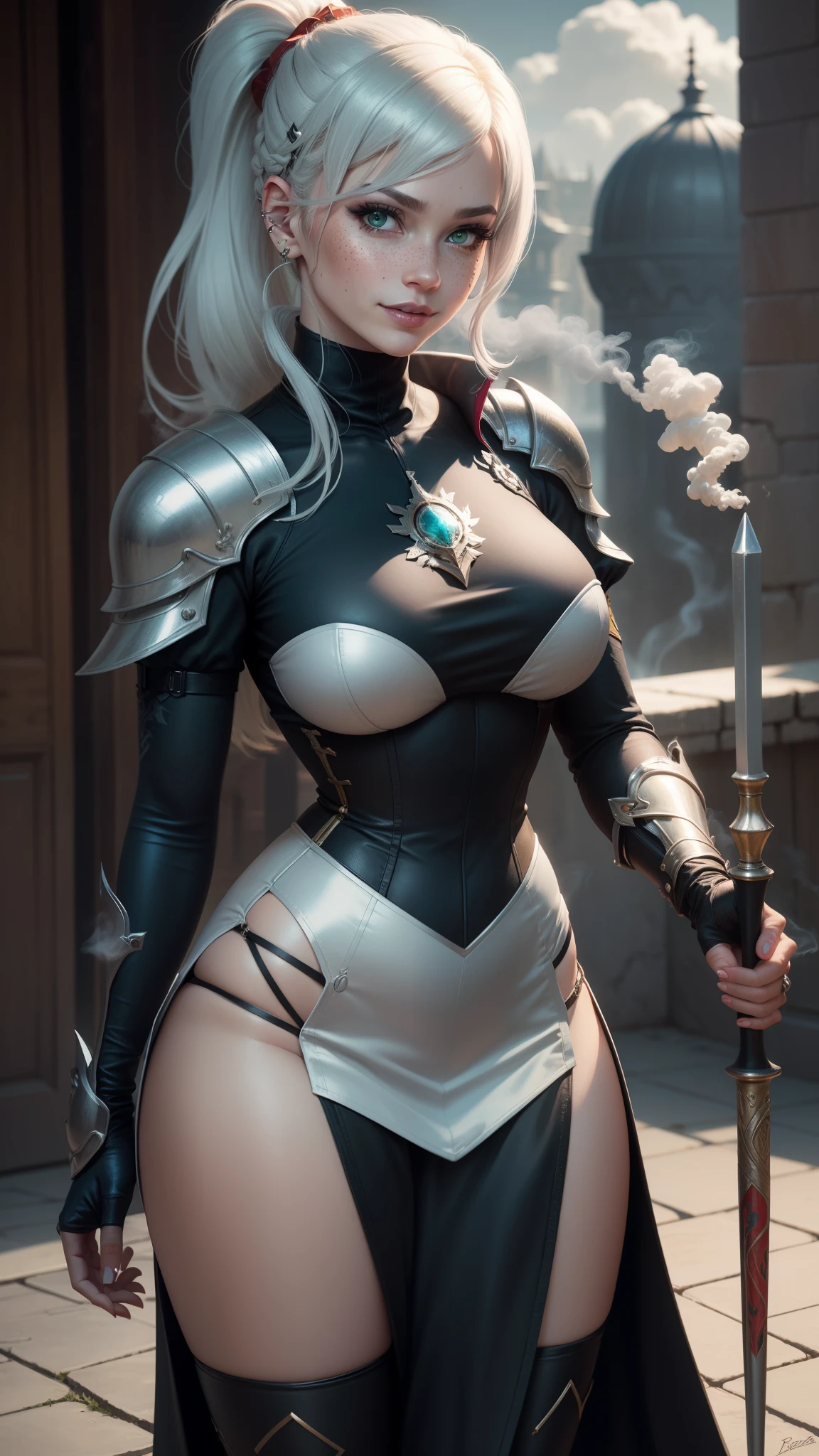 gwen tennyson,yorha 2b,tracer,mordred, rebecca chambers,overwatch,atelier ryza,close up,castle under siege,tattoos, jade and silver plugsuit,white short sleeve silk top,short sleeve knight jacket,tight silk bodycon skirt,steel knight corset,ponytail hair,queen makeup,green eyes,multicolored silver hair,sexy smile,freckles,beautiful girl,silver thigh high boots,large breasts,8k,ultra detailed,realistic,fantasy art,silver knight uniform,knight queen uniform,hair pin,ear piercings,battlefield,jade hand and neck jewelry,(weather:smoke rising), 1girl,long knight coat,holding a spear,