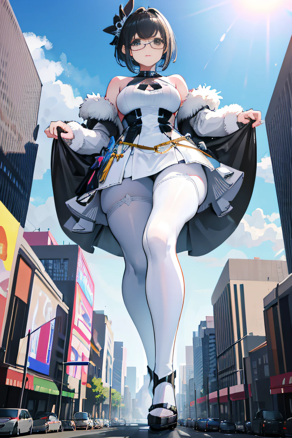 giantess art, highly detailed giantess shot, der riese, super giant princess, Shorthair, Giant woman bigger than a skyscraper, Wearing rimless glasses, Colossal tits, Big ass, white luxury white dress, White pantyhose, shoes: high heel white sandals, very small metropolis, miniature metropolis, Full body depiction。nffsw, der riese, Black pantyhose, Small town,micro city,