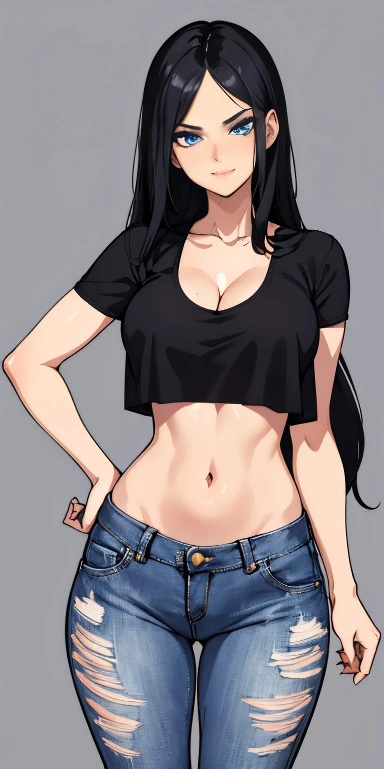 Masterpiece, best quality , background, beautiful girl, 1 girl, pose, black hair, long hair, blue eyes, smirking, black v cut crop top, cleavage, jeans, looking at viewer , , tall, one woman, one girl, sole female, sole focus