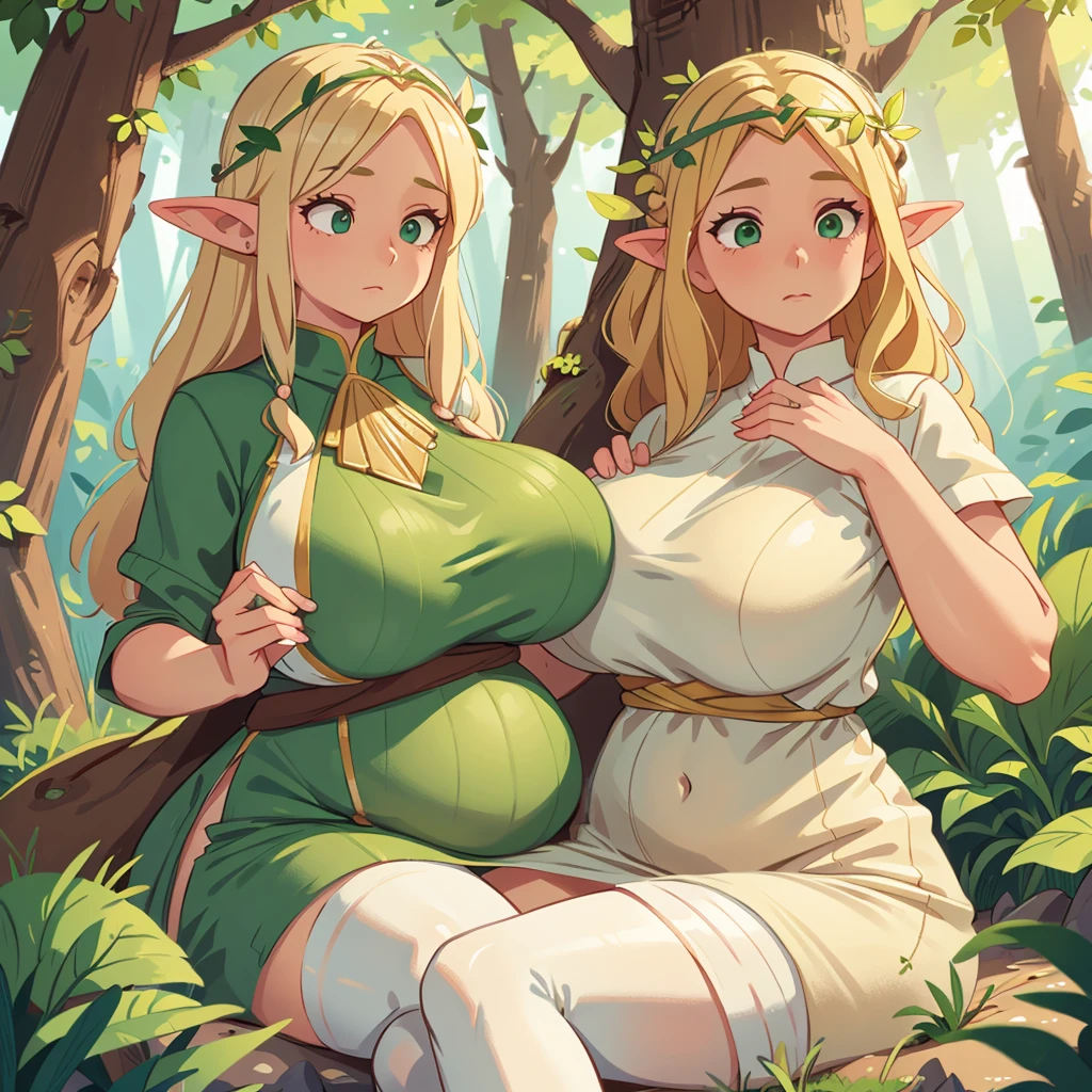 1girl, mature woman, milf, elven woman, leaf circlet on head, gentle expression, soft smile, blonde hair, green eyes, gigantic breasts, sagging breasts, brown areolae, lactation, lactating, breast milk, chubby belly, wide hips, big ass, thick thighs, white elven silk gown, white stockings, sitting on rock, trees in background, 8k, masterpiece