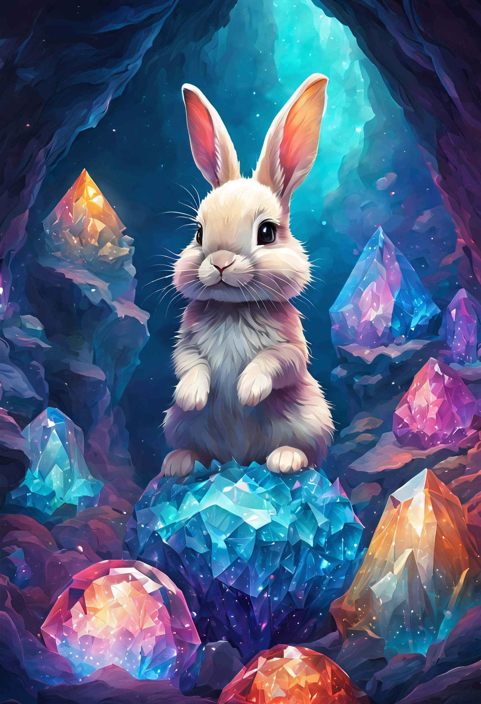 Tiny cute baby bunny in a colorful crystal cave, enchanted, floating orbs, ethereal mist, in the style of fairytale