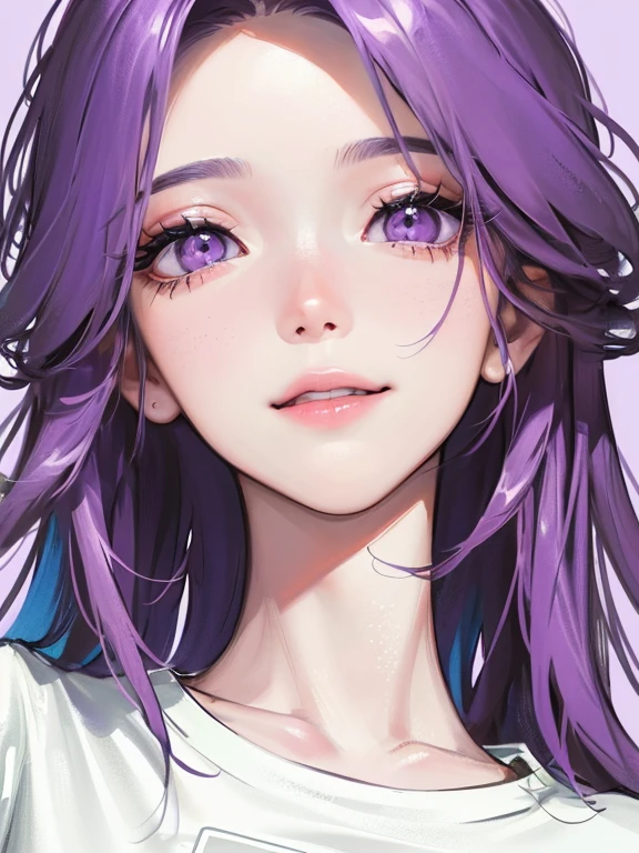 (((1人の女性)))、(Top resolution、Distinct_image) best qualtiy、(((Pop)))、1990's、((colorful backdrop))、((illuminating))、ighly detailed、Semi-realistic、multicolored hair、((hairstyle I made、A smile、bangss、20yr old、年轻、((tshirts))、delicate facial features facial features、View from below、((Detailed Purple eyes)), 1 girl, 1 portrait