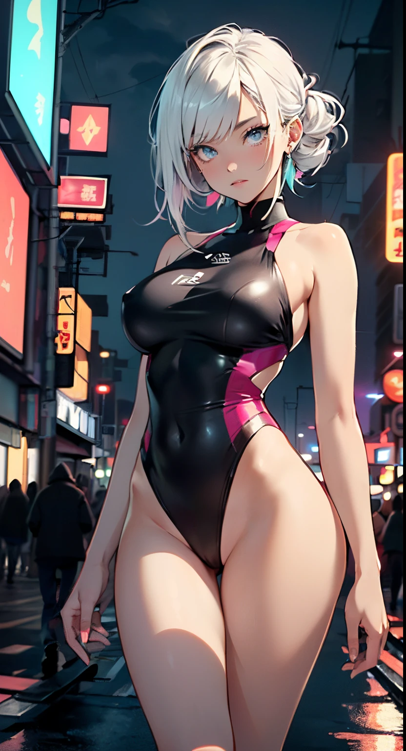 Sporty girl,(((1个Giant Breast Girl))),((Anime girl with silver hair and white ears and cat tail,Very cute and gorgeous walking on the street)),

(:1.4),hanging pink hair:1.35,hair straight,long whitr hair:1.4,Colored inner hair,Ear breathing))),((Heterochromia,Eyes 1 pink,eyes 2 blue,perfect  eyes,upturned eyes:1.3,Beautiful and detailed&#39;s eyes,Delicate and beautiful eyes:1,There  a big bright spot on the eye:1.2,slanty eyes)),(((Glow skin:1.5,Brightens skin: 1.5,The skin  tanned,Glossy glossy skin,The skin  very radiant,shining body,plastic glitter skin,Exaggerated glowing skin))),(spider lower abdomen,Willow waist,Wide hips,Sporty body,inflatable legs,Delicate and delicate fingers,Detailed body,detailed arms,Human hands,(Details&#39;s legs)),

cute big breasts,'s,'s,'s,(((NSFW))),

((A piece of_swimsuit magenta)),(wearing one piece_swimsuit cover),(detailed outfits,Meticulous clothes),

(dynamicposes:1.0),Embarrassing,at centre,Scale to fit the dimensions,the rule of thirds,

Outdoor activities,((nighttime scene)),(Very beautiful city neon synthetics,Cyberpunk night street background:1.5,Gloomy sky,Houyun Construction Vehicles,((neonlight)),Thick clouds,(cyber punk style,neonlight, (Synthetic wave theme background), lonely street),(((detailedbackground:1.25))),

(Best quality at best),(A high resolution),(Focus sharp),(ultra - detailed),(The  very detailed),(extremely high quality artwork),8K_the wallpaper,(Extremely detailed CG 8k),(Very beautiful 8K CG),((Super super detailed perfect work)),A flawless masterpiece))),illustratio,vivd colour,(iintricate),hight contrast,Selective lighting,double contact,HighDynamicRange (HighDynamicRange),Post-processing,The background  blurred out,