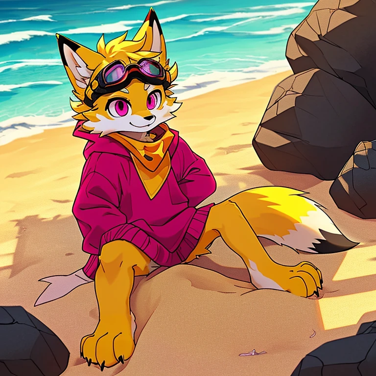 (A character), (fox with yellow fur and white chest), (under muzzle is white), (yellow fur), (white tail tip), (wearing a magenta sweater), (light blue scarf), (yellow jockey hat with orange visor), (orange visor), (magenta eyes), (slim and fit body), (apparently slim but strong appearance), (relaxed expression), (male), (medium height), (solitary), (white eyebrows), (4 toes on his paws), (5 toes on his hands), (magenta eyes), fluffy, (fluffy fur), (goggles), (black crystal goggles), (yellow paws), (background beach), (beach), (rocks in the sand), rocks, (his sweater covers his crotch), (yellow tail with white tips), (his paws and hands are yellow), (black paws), (claws), (golden fur), (golden yellow fur), (black pawpads), kerchief