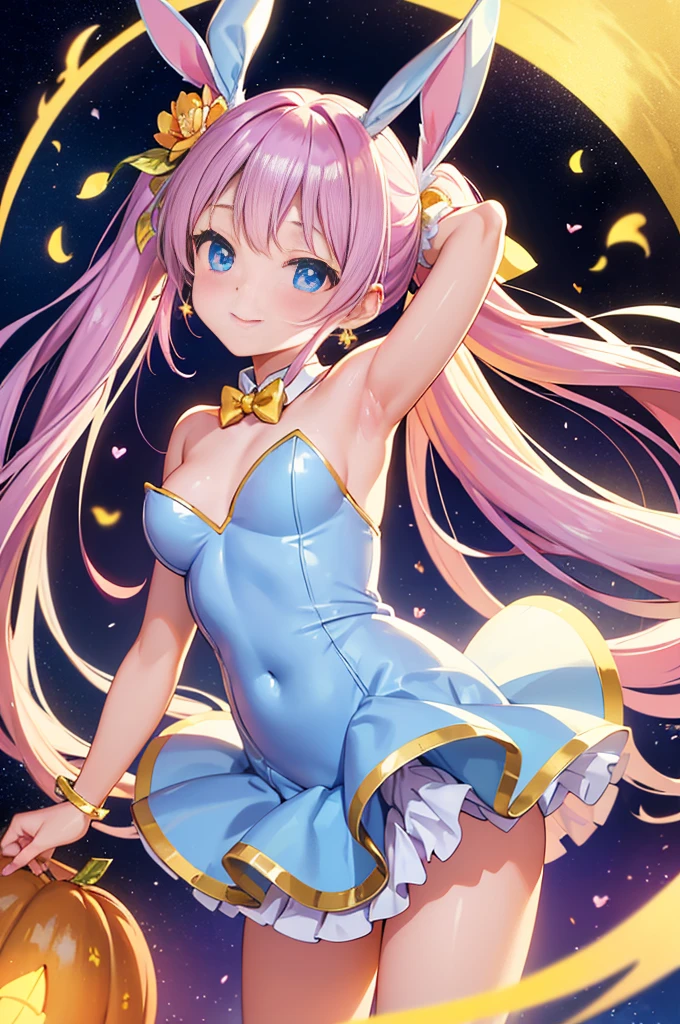 sexypose、Young Magical Girl with a rabbit、very long twintails、Long light blue hair、Angel White Wings、Shiny white and pink and blue and yellow latex leotard、((Heart marks、rabbit tail))、(Golden decoration、Gold ruffled skirt、Flower Embellishment)、Blue eyes that sparkle like jewels、Smile、Sit up、Glitter、Pink light trail、pumpkins、on the water、a moon、golden curtain、stars、Eyes that glow white、(arch your back、arms behind head)、earrings、floating petals、sleeves、hair accessory、