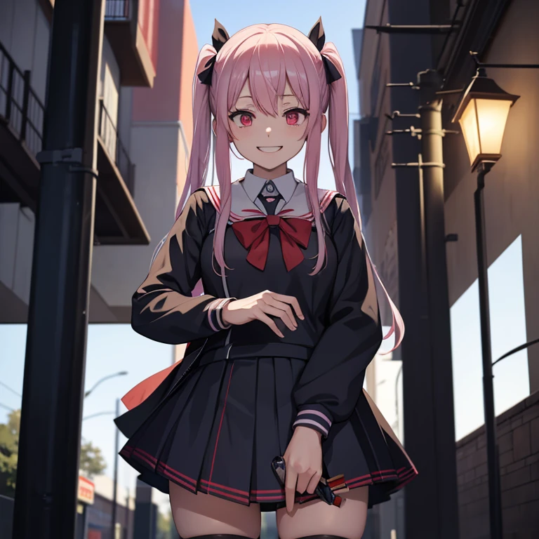 Image of a Yandere anime girl wearing a schoolgirl uniform standing under a lamppost with a macabre and crazy smile while holding a knife