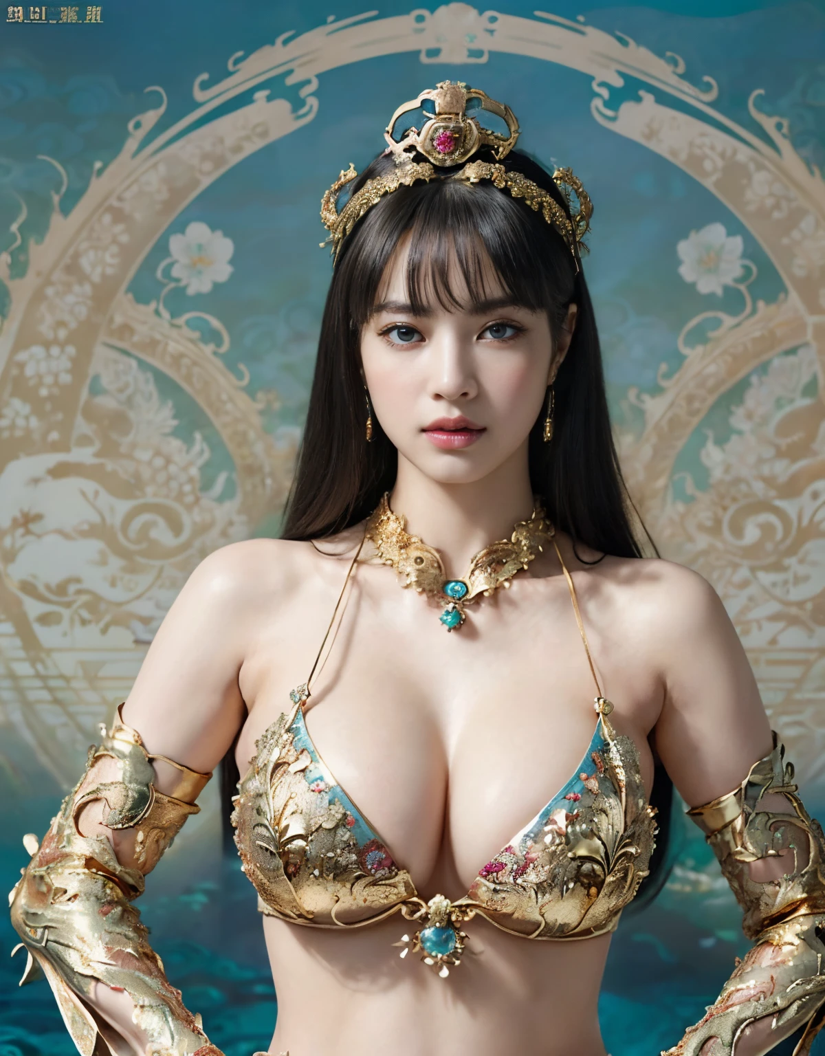 (intense chest expression),top-quality、masterpiece、超A high resolution、(dragon armor)、(((Colossal tits))),dragon armor、(((large floral ornament on the head))),(((Detailed Micro Bikini))),(Wearing a beautiful crown made of jewels),(Photorealsitic:1.4)、Raw photo、1人、(((Random hair))、(((Take different poses)))、glowy skin、(((gold china dragon)))、Intricate and ornate hair ornaments、(Looks like a gorgeous jewelry necklace)、(Full Body Angle)、(fight big dragonet bikini)、((Beautiful sea background)),(Sky Blue Sky)、Precipitous cliffs、(Castle background)、((super realistic details))、portlate、globalillumination、(sexypose)、Shadow、octan render、8K、ultrasharp、Colossal tits、Raw skin exposed in the cleavage、metals、Details of complex ornaments、Japan details、highly intricate detail、Blue eyes、Eyes shining towards the camera、Toostock、(Full Body Angle)、(veils)、(((Heavy Big))),((she is wearing a beautiful jeweled bangle.)),