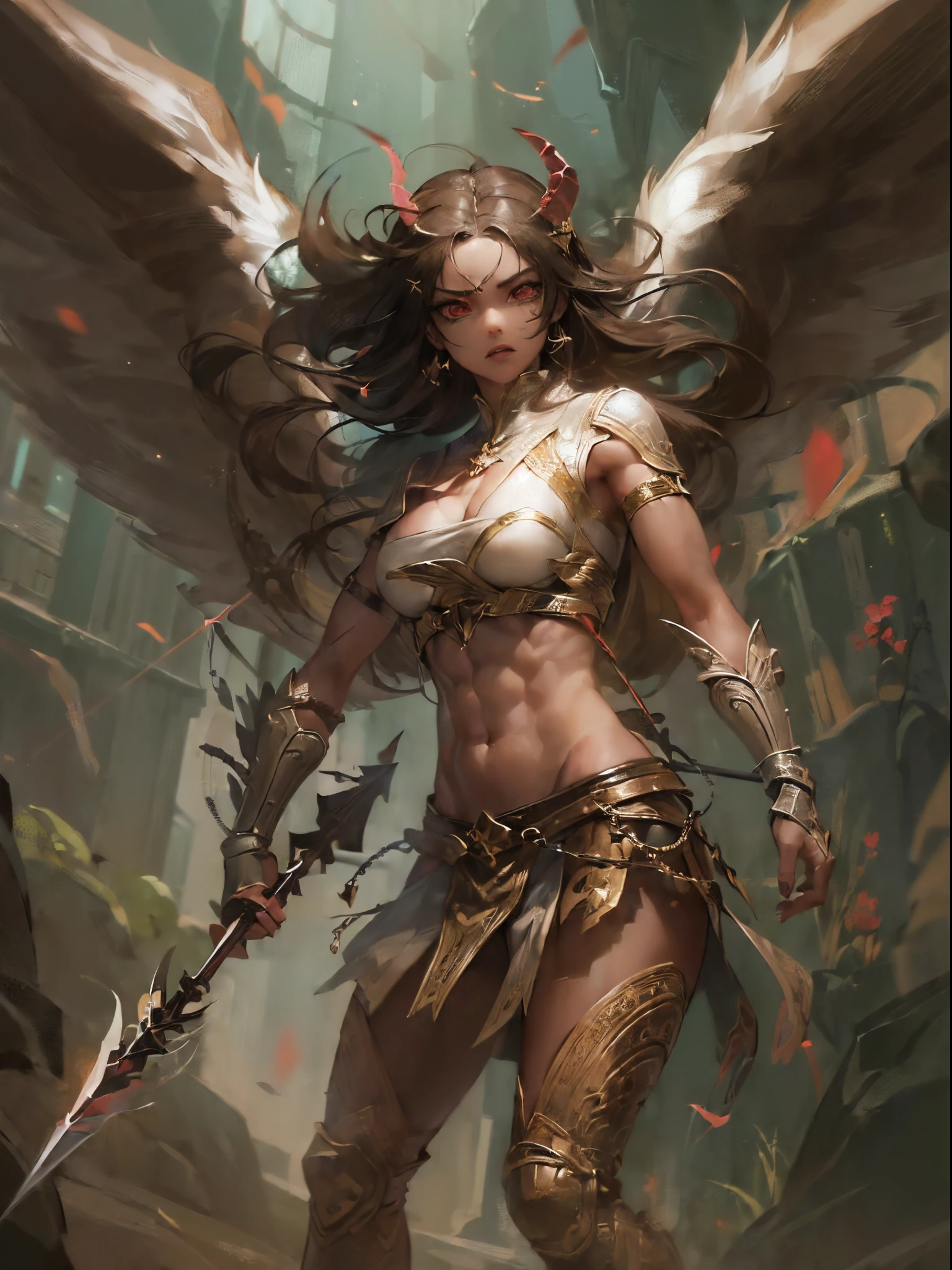(Finest quality)),(超A high resolution),(ultra-detailliert),(Meticulous portrayal),((The most picturesque work of art),Ultra-Precision Art,The art of astounding depiction, Fantasyart:1.5, (female angel wielding a spear:1.7),Beautiful and well-groomed face:1.5,Angry face:1.3,(Toned body:1.6),((Stab a spear at the demon that is hidden at the bottom of the screen.:1.8))