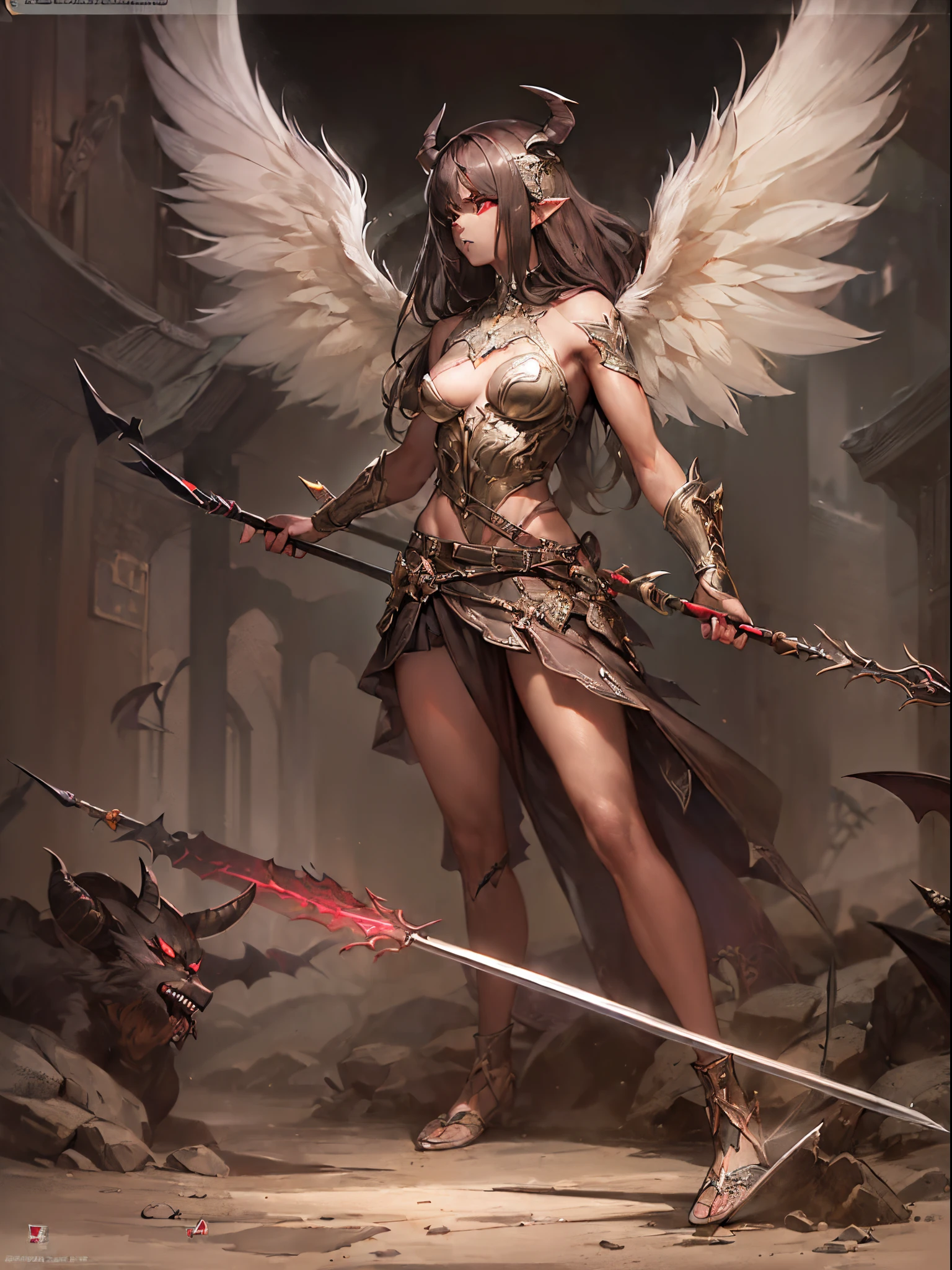 (Finest quality)),(超A high resolution),(ultra-detailliert),(Meticulous portrayal),((The most picturesque work of art),Ultra-Precision Art,The art of astounding depiction, Fantasyart:1.5, (female angel wielding a spear:1.7),Beautiful and well-groomed face:1.5,Angry face:1.3,(Toned body:1.6),((Stab a spear at the demon that is hidden at the bottom of the screen.:1.8))
