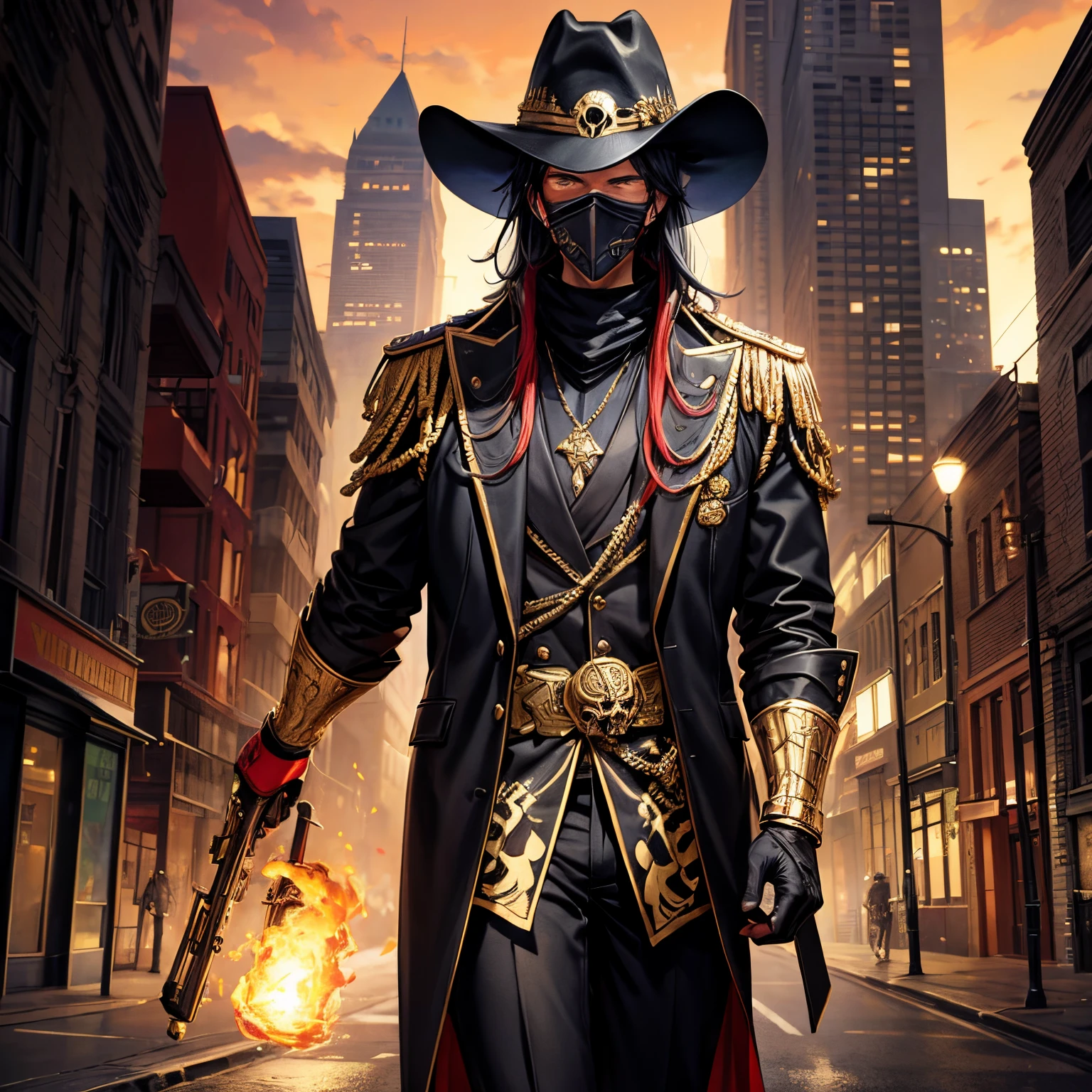 Make a man with black and a little red clothes in the old Oste style with several golden ammunition on his body, walking in a city with two revolvers, one in each hand, with a black mask covering the entire head with a golden skull design, and with a classic cowboy hat, em um estilo de arte menos realista, as if it were drawn by hand, His mask is black with a golden yellow skull design..