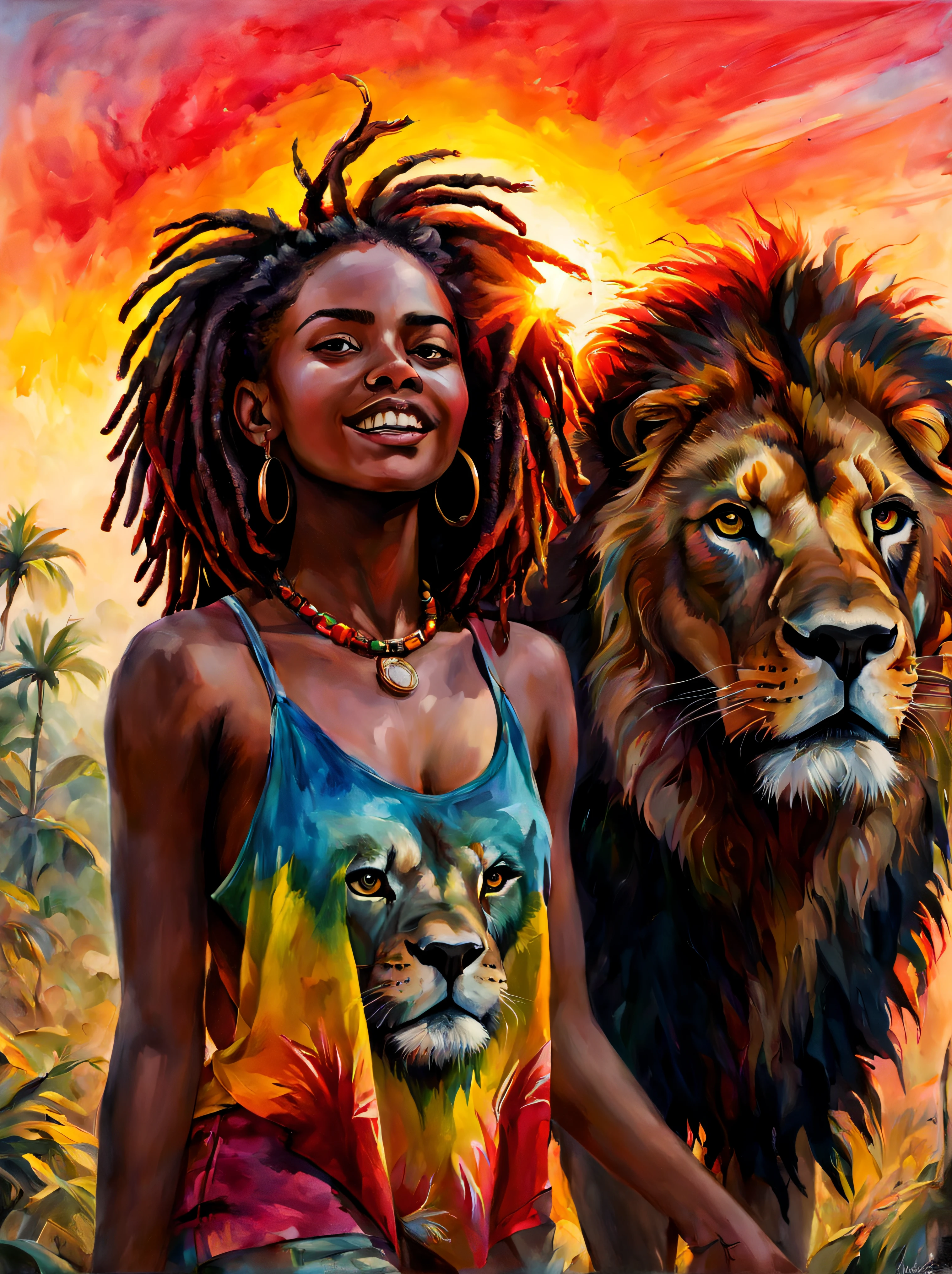 Rastafarian black girl with a lion enjoying the sunrise, colorful summer outfit stands out, Energetic and lively scene.
Estilo de Gabriele Dell&#39;Otto, Meio da jornada de IA, saturated cores, Aquarela, oil paints,   HDR, 500px, 4k,