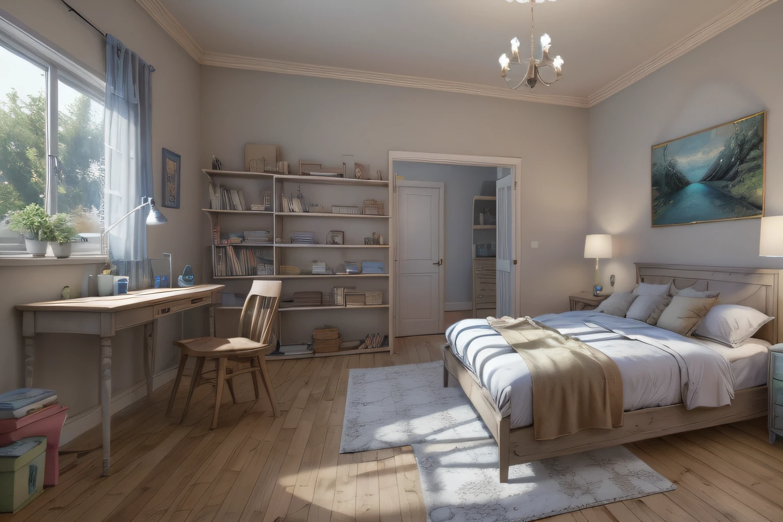 Eye-Level Camera Angle, back view, high quality Cartoony, 8K Ultra HD, high detailed, (masterpiece), best quality, open double bed scene bed facing camera, Full-length lens，unreal-engine，cozy indoor lighting，art stations，Detailed digital painting，cinematic ligh，Character design for Mark Raden and Pixar and Hayao Miyazaki，Macaron color scheme，daz，adolable，Octane rendering，3DMDT1，Heads-up，Empty room