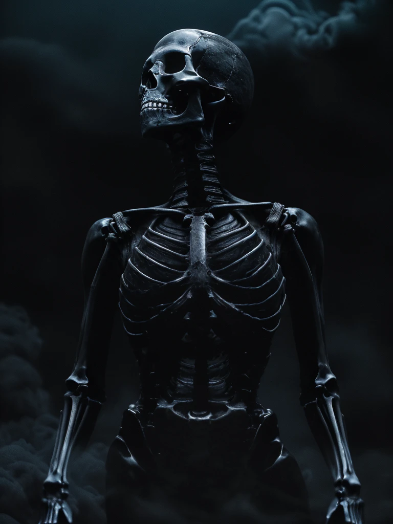 (full body shot, ultra-detailed, best quality, photorealistic:1.8, 8k, realistic, photography, melted bodies and skeletons, skull and bones, exomorph, black marble skin, dark mood, dark background, petrol colours, vibrant colours, 35mm, symmetric composition, emerging from black smoke, in the style of HR Giger