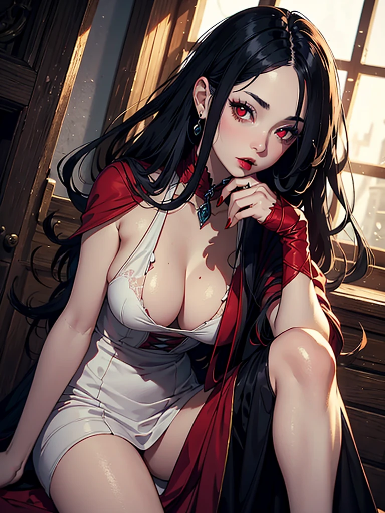 A beautiful vampire with long black hair, her eyes were red, (red eyes) her skin was pale as milk, her lips were sensual and dyed red, (vampire), dressed in a long medieval style dress