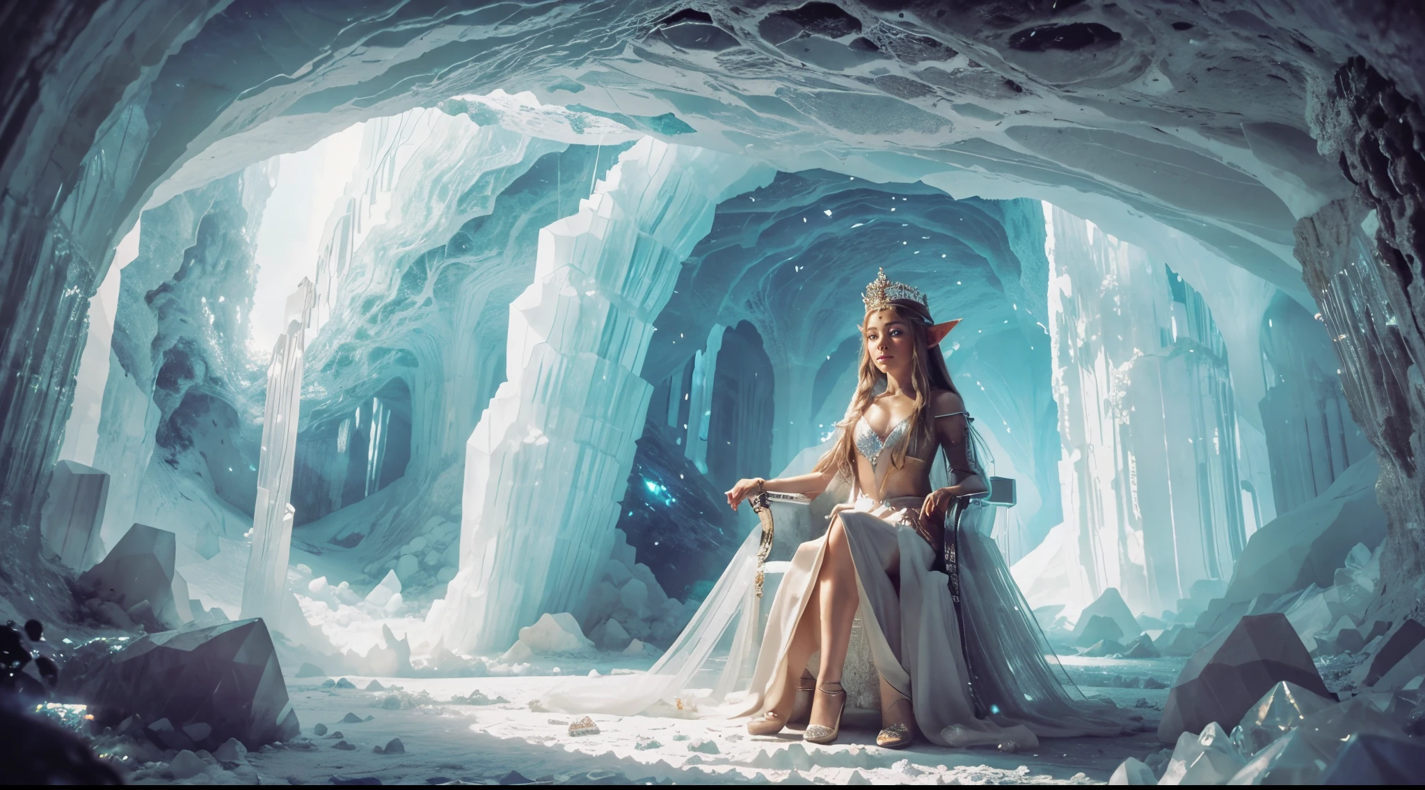 Au fond d&#39;A grotto of Christian giants, une jeune reine (Onze, en longue robe verte) assis sur un trône de cristaux de Selenite Géants. trône de cristal. La Reine&#39;le visage est rempli d&#39;émerveillement et de curiosité, plein de douceur. elle tient un cristal d&#39;améthyste à la main. La grotte est vaste et vaste, with the passages caches and the rooms à découvrir. The deep shadows create an impression of depth and dimension.. Hdr, 16k, Best quality, 4K, High resolution, Masterpiece: 1.2, Ultra-detailed, Realstic