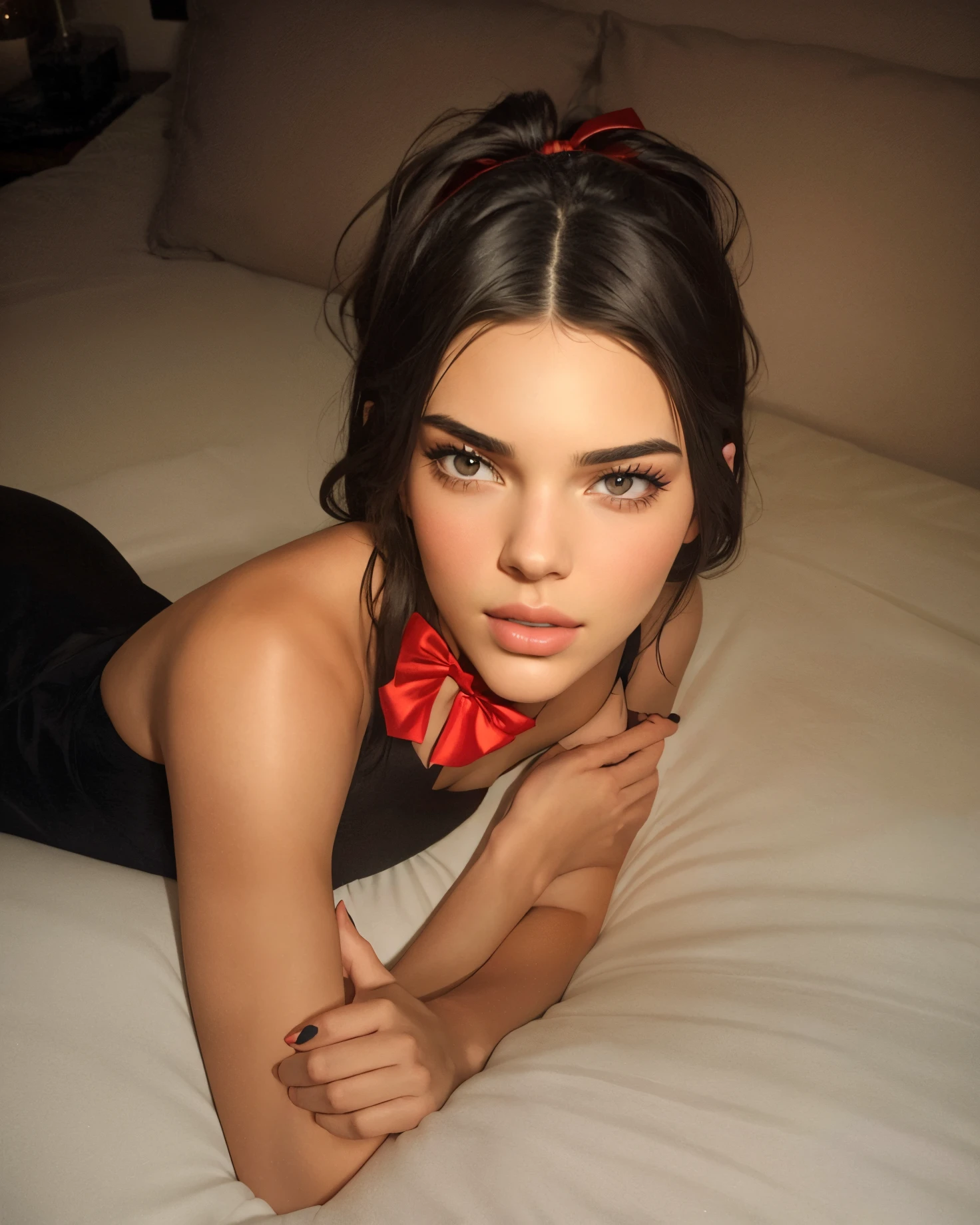 arafed woman laying on a bed with a red bow tie, kendall jenner, sexy gaze, kendall jenner, sexy face, posing in bed, stunning model, mean smirk, victoria's secret model, sultry smirk, intense smoldering, gorgeous lady, sexy look at the camera, slight smirk, seductive stare