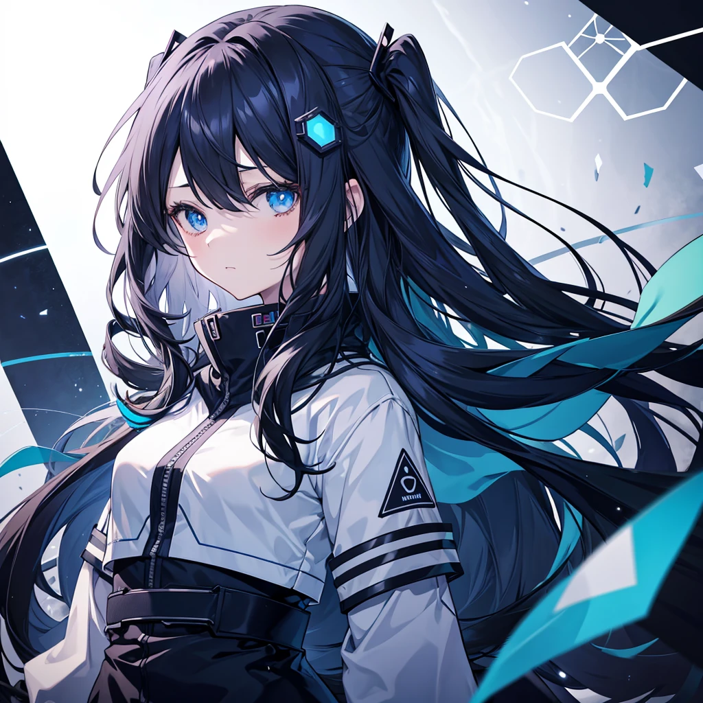 anime girl,long dark hair,emotionless face,modern tech devices,tech modern hexagon blue and black background,best quality