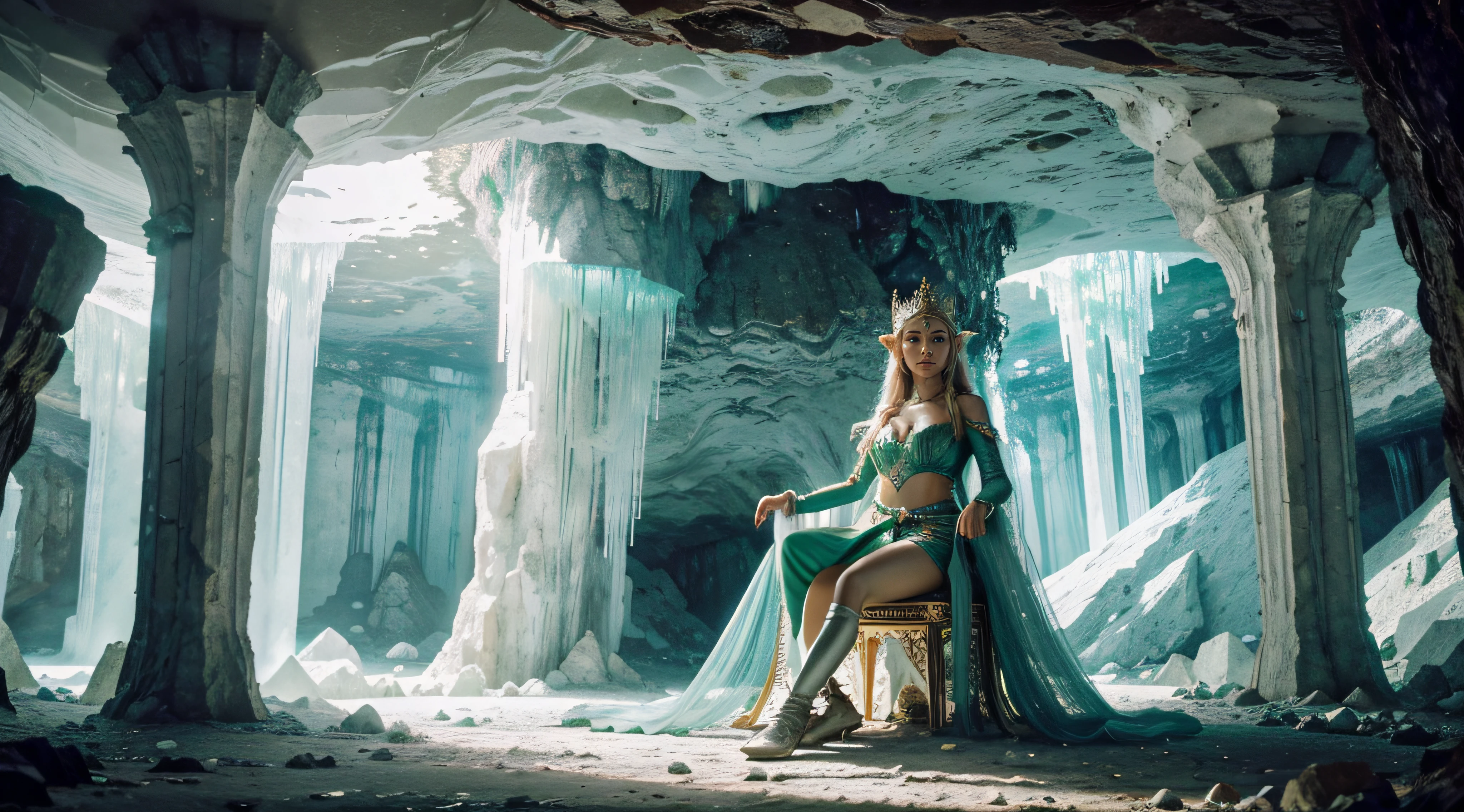 Au fond d&#39;A grotto of Christian giants, une jeune reine (Onze, en tenue verte de guerrier) assis sur un trône de cristaux de Selenite Géants. trône de cristal. La Reine&#39;le visage est rempli d&#39;émerveillement et de curiosité, plein de douceur. La grotte est vaste et vaste, with the passages caches and the rooms à découvrir. The deep shadows create an impression of depth and dimension.. Hdr, 16k, Best quality, 4K, High resolution, Masterpiece: 1.2, Ultra-detailed, Realstic