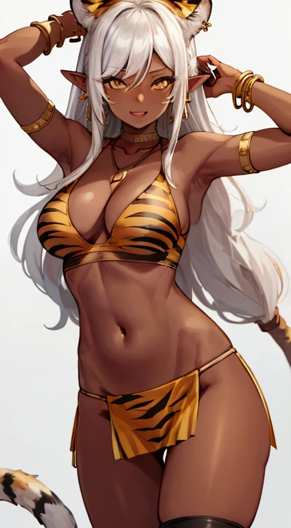 revealing clothes, headwear, 1girl, solo, long hair, breasts, looking at viewer, blush, open mouth, large breastackground, black hair, purple thighhighs, hat, white background, navel, cleavage, bare shoulders, jewelry, thong, collarbone, cowboy shot, earrings, parted lips, detached sleeves, pointy ears, elbow gloves, dark skin, armpits, hair over one eye, arms up,( dark-skinned female:1.2), YELLOW eyes, white headwear, dark elf, arms behind head, highleg panties, purple gloves, multiple earrings, purple sleeves,smirk,