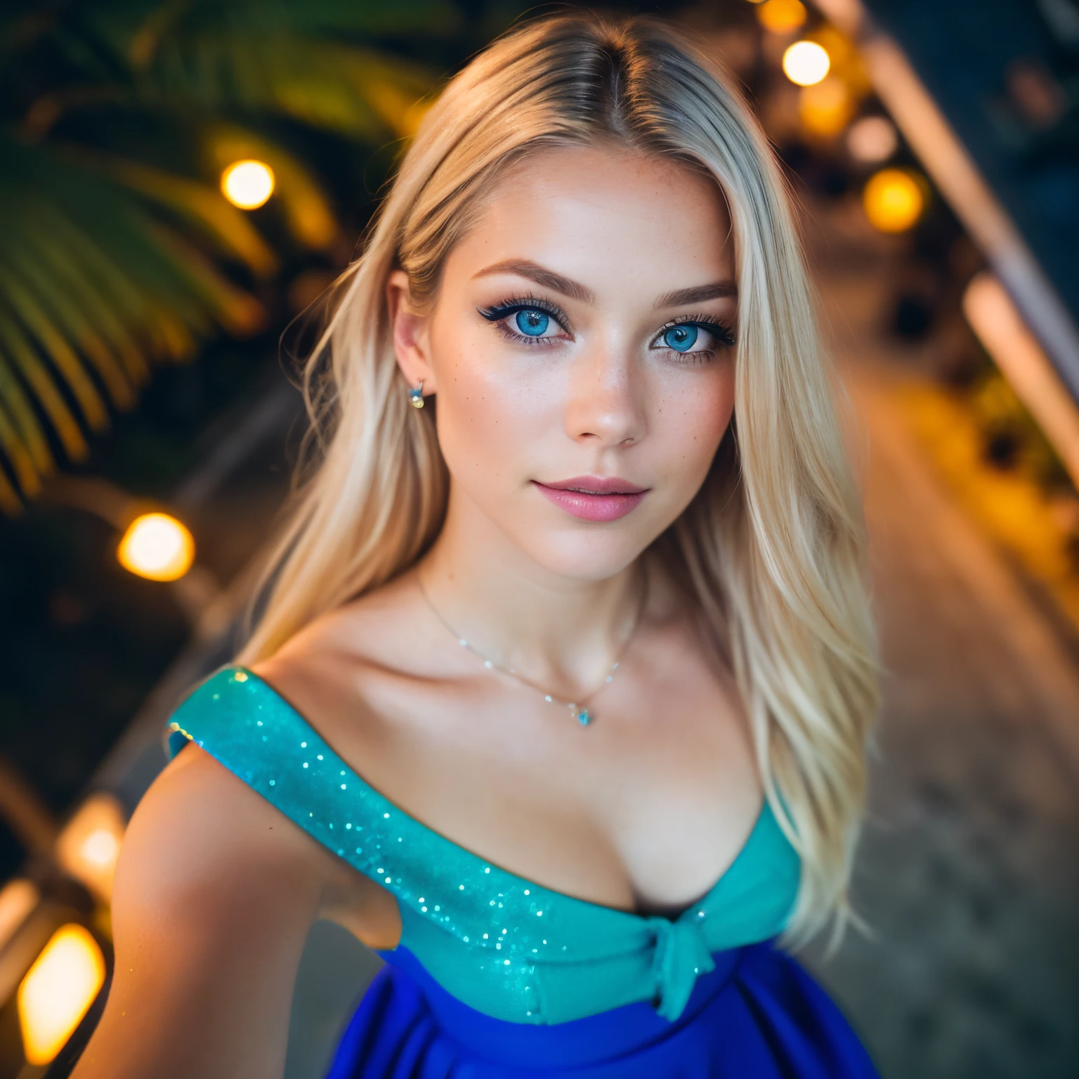 (selfie, top view: 1.4), (straight half of the body: 1.4), RAW UHD portrait photo of a 28-year-old blonde (blue-eyed woman) walking down on the beach, palm trees, (skirt), (neckline), details (textures! , hair! , glitter, color!! , disadvantages: 1.1), glossy eyes with high detail (looking at the camera), SLR lighting, SLR camera, ultra-quality, sharpness, depth of field, film grain (center), Fujifilm XT3, crystal clear, frame center, beautiful face, sharp focus, street lamp, neon lighting, bokeh (dimly lit), night, (night sky), detailed skin pores, complex eye details, full body, large breasts