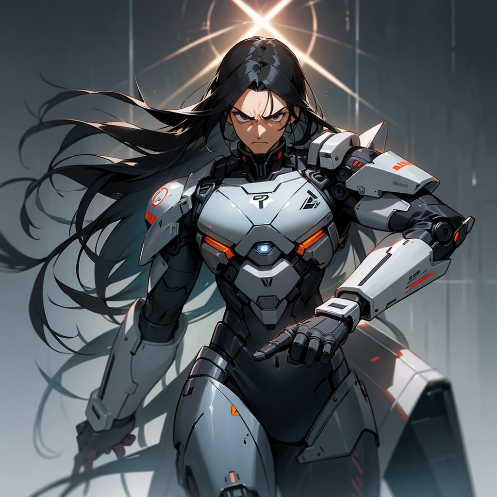 Male, tan, pecs, futuristic battle suit, futuristic background, steel gray eyes, tattoos, metal manipulation powers, long black hair, black stubble, annoyed face, grouchy personality, metal sword
