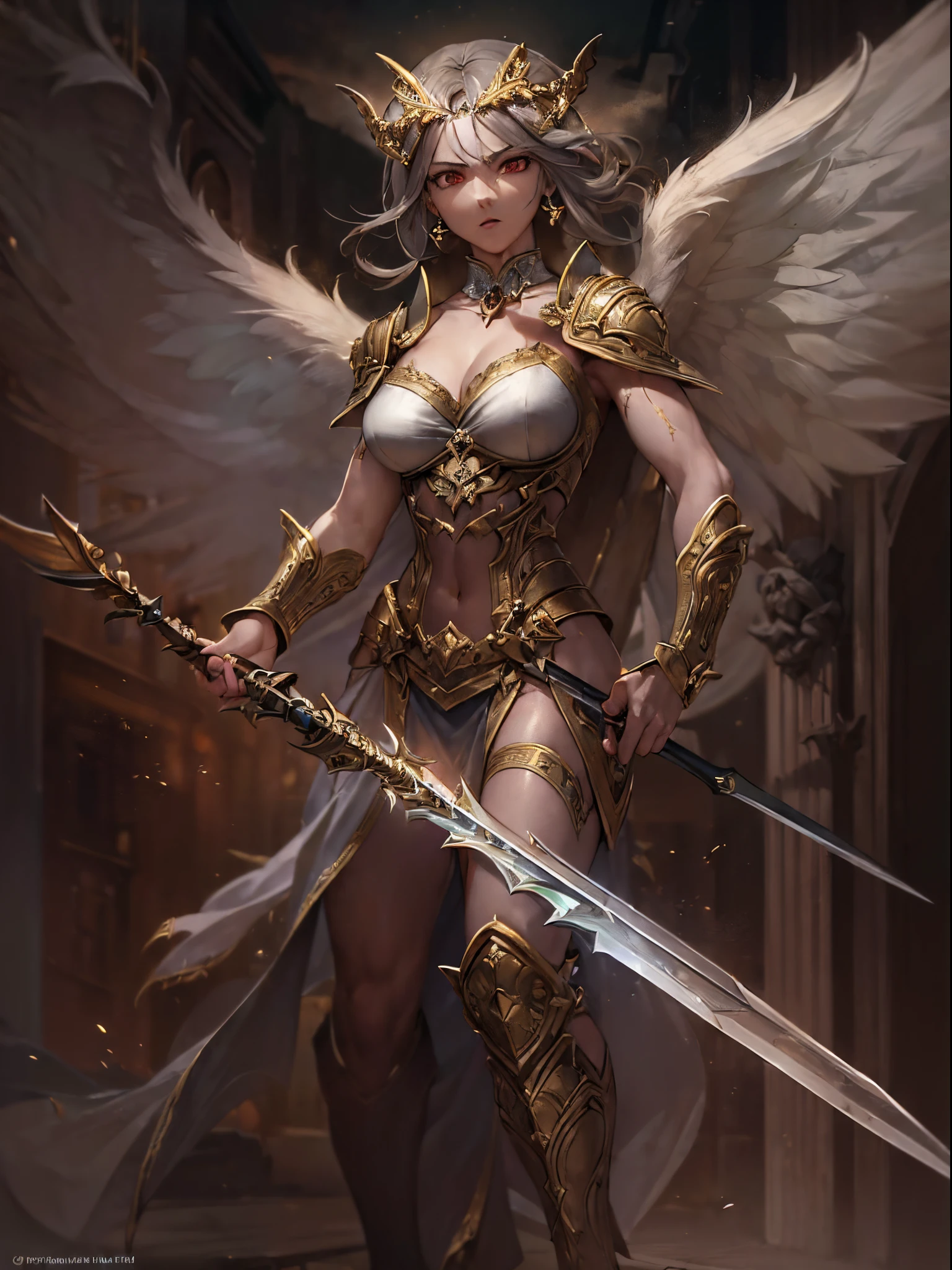 (Finest quality)),(超A high resolution),(ultra-detailliert),(Meticulous portrayal),((The most picturesque work of art),Ultra-Precision Art,The art of astounding depiction, Fantasyart:1.5, (female angel wielding a spear:1.7),Beautiful and well-groomed face:1.5,Angry face:1.3,(Toned body:1.6),(Stab a spear at the demon that is hidden at the bottom of the screen.:1.6)